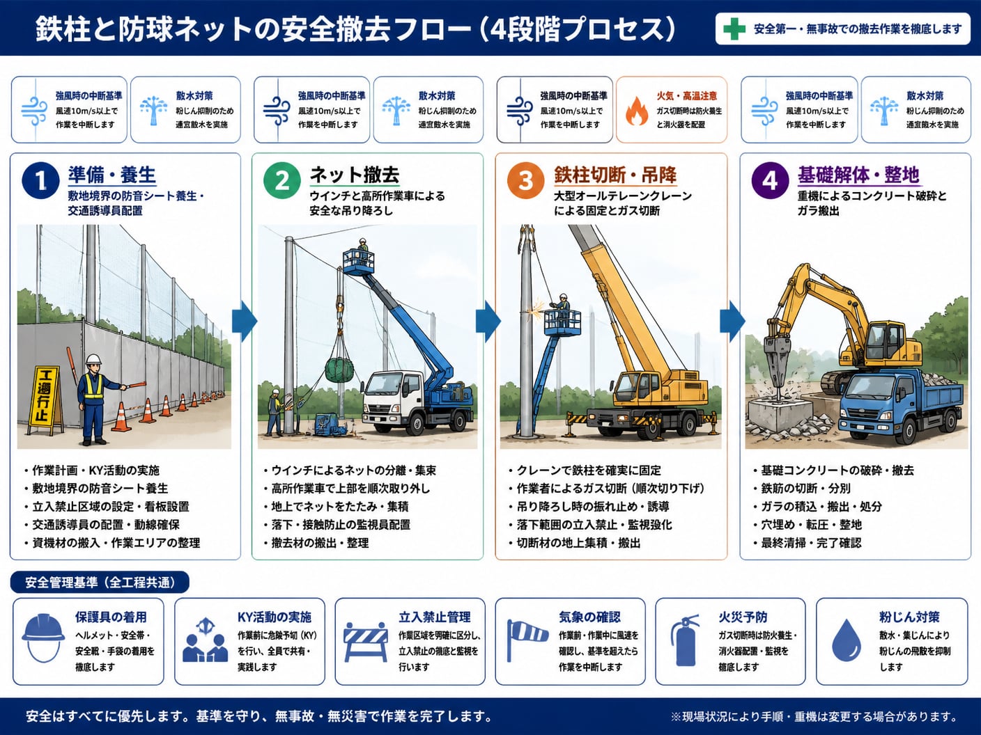 【文脈】鉄柱と防球ネットを安全に撤去するための施工ステップと安全管理基準を説明するフロー図