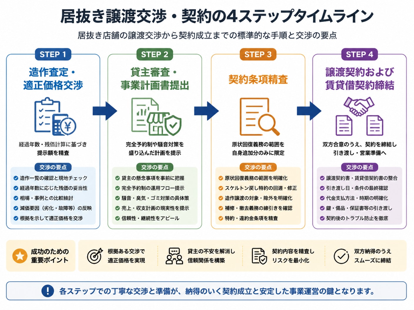 【文脈】居抜き店舗の譲渡交渉から契約成立までの標準的な手順と各フェーズにおける交渉の要点を時系列のフロー図としてまとめる