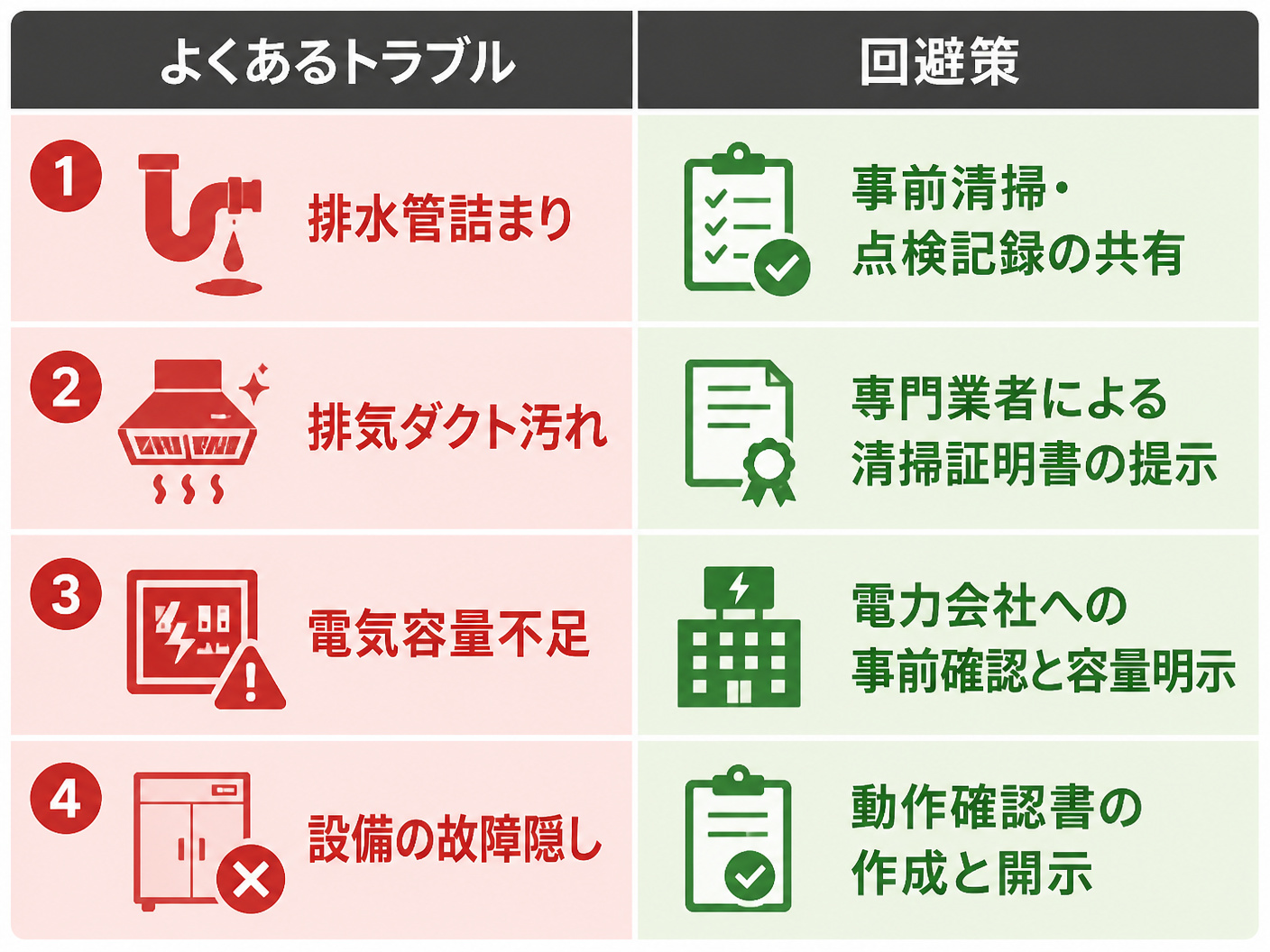 【文脈】居抜き譲渡で発生しやすいトラブルとその回避策を整理した図
