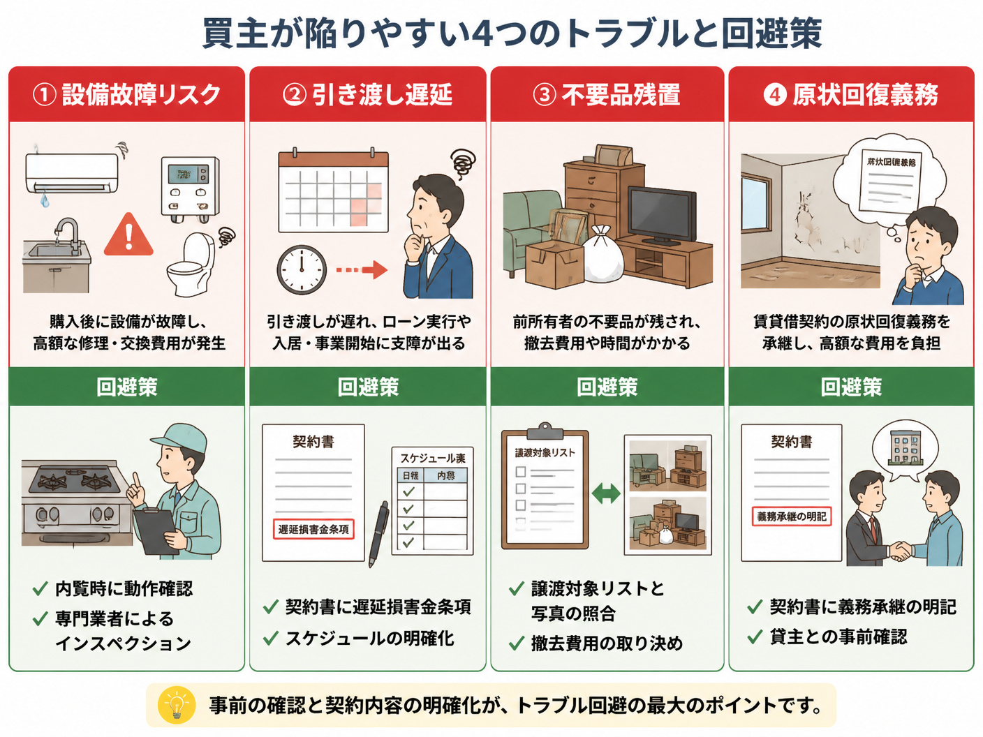 【文脈】買主が陥りやすい4つのトラブル（設備故障・引き渡し遅延・不要品残置・原状回復義務）と