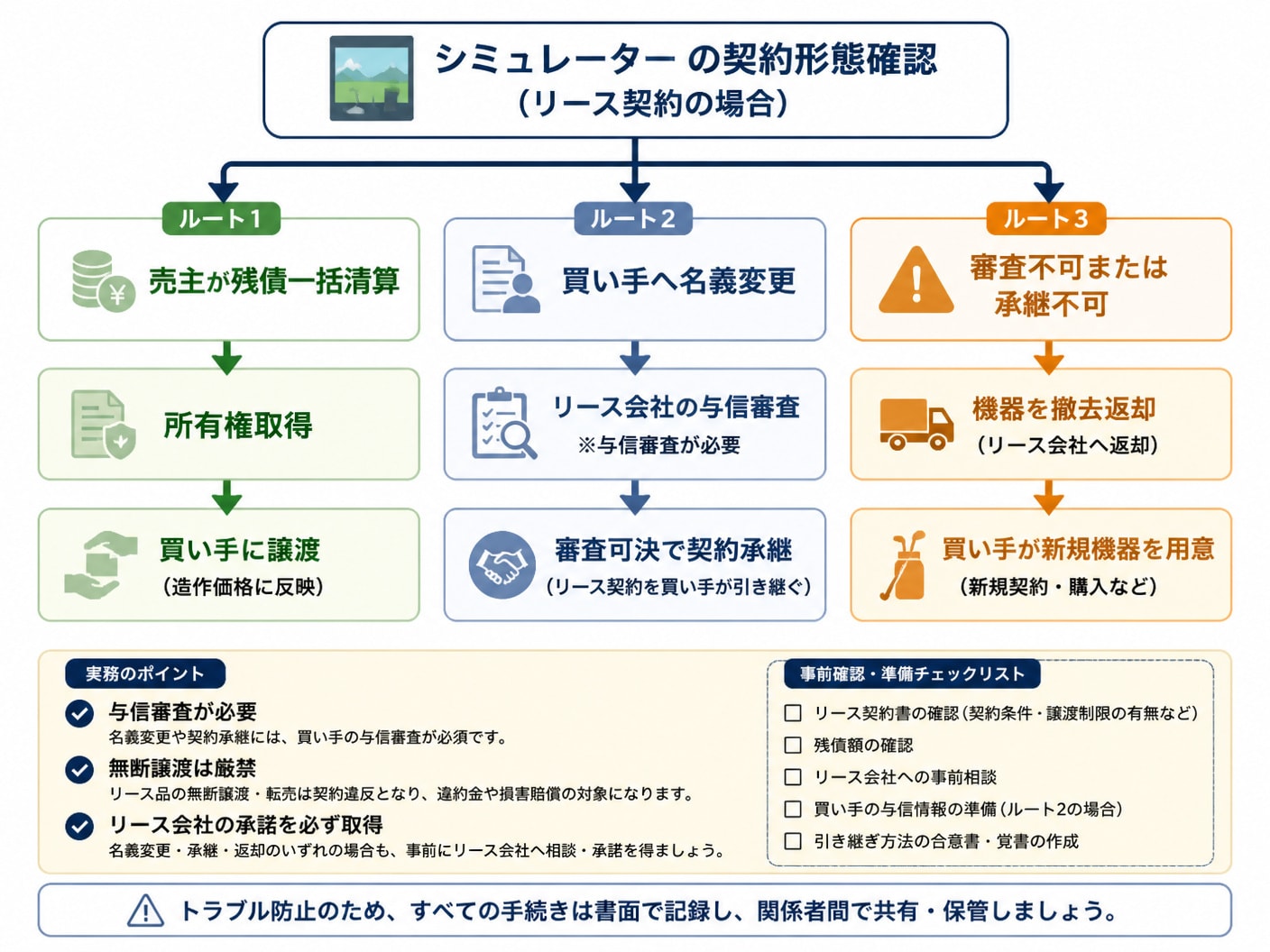 リース契約されたゴルフシミュレーターの所有権処理と名義変更フローを示した図