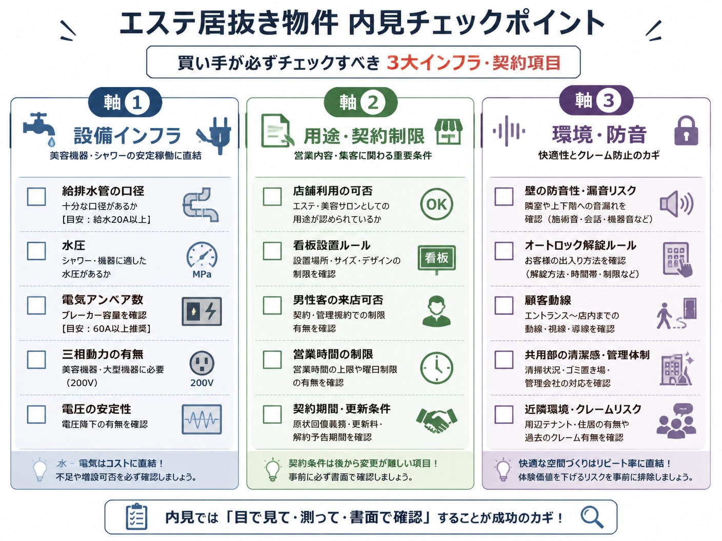 【文脈】エステ居抜き物件の内見時に買い手が必ずチェックすべき3大インフラ・契約項目を整理した構造図