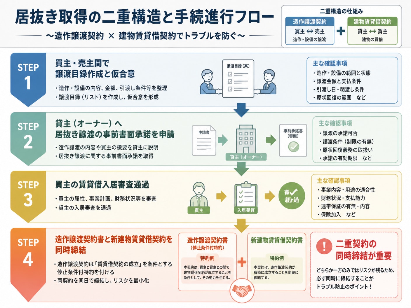 【文脈】店舗の居抜き取得における「造作譲渡契約」と「建物賃貸借契約」の二重構造と手続進行フローを解説する図解