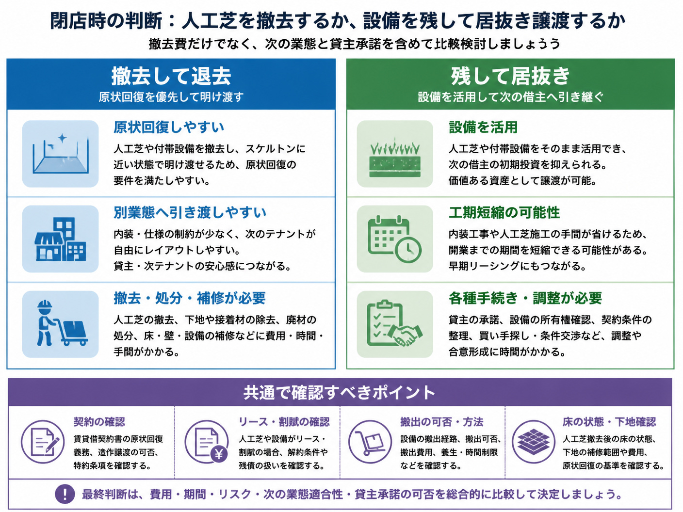 【文脈】閉店時に人工芝を撤去するか