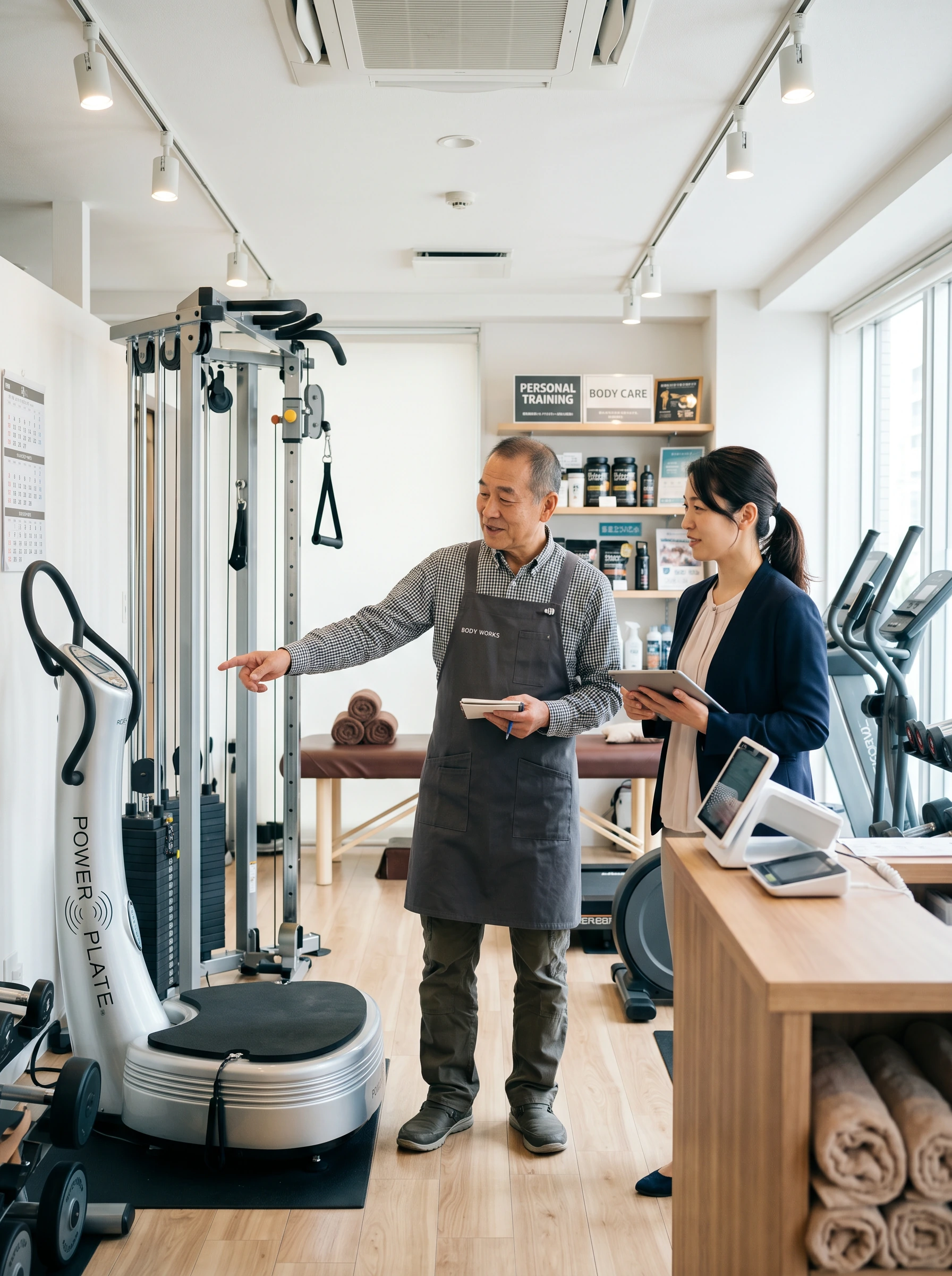 設備や備品を確認している店舗オーナーと担当者