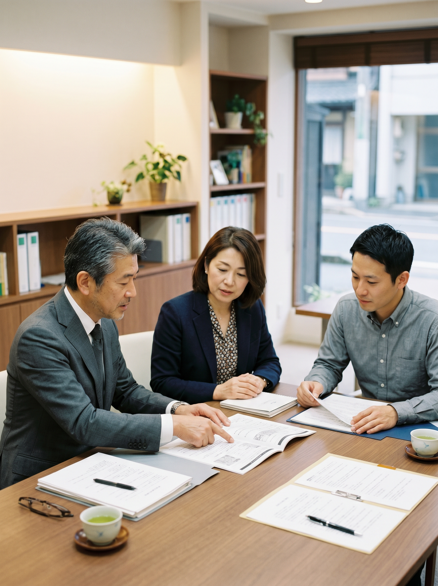 契約書や確認資料を見ながら打ち合わせしている様子