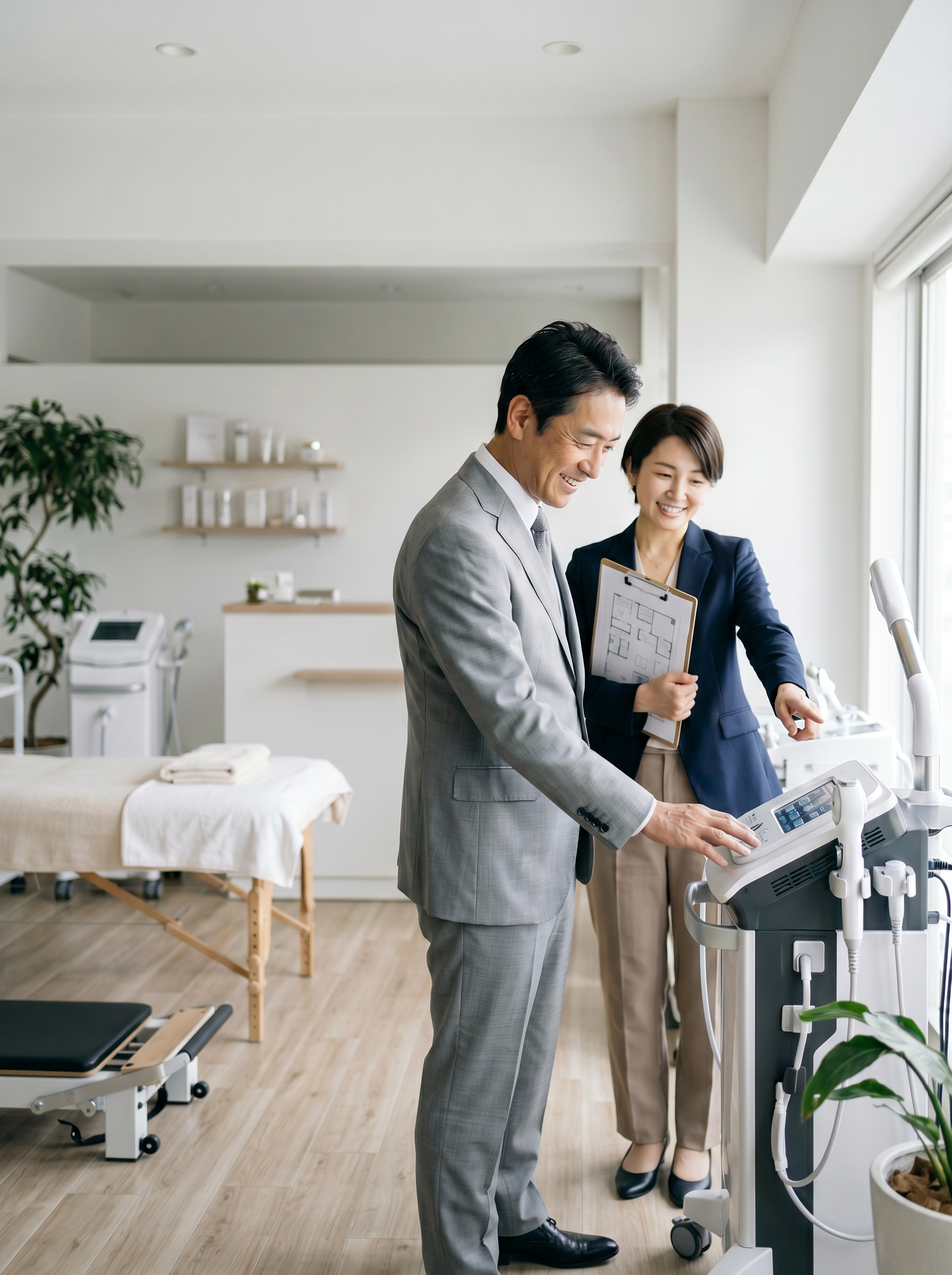買主候補が店舗見学をしながら設備やレイアウトを確認している様子