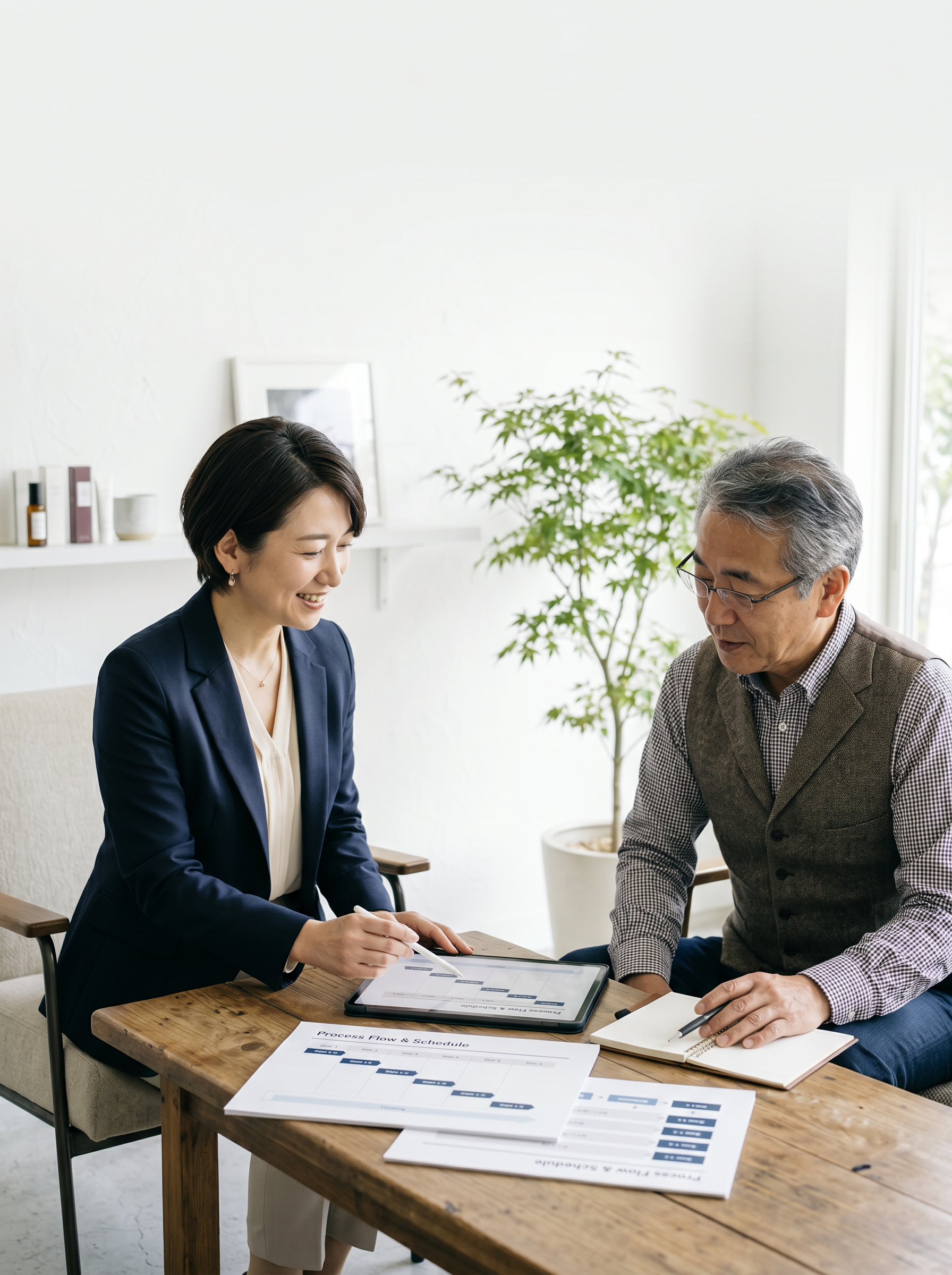 専門家が売主に対して居抜き譲渡の進行スケジュールを説明している様子