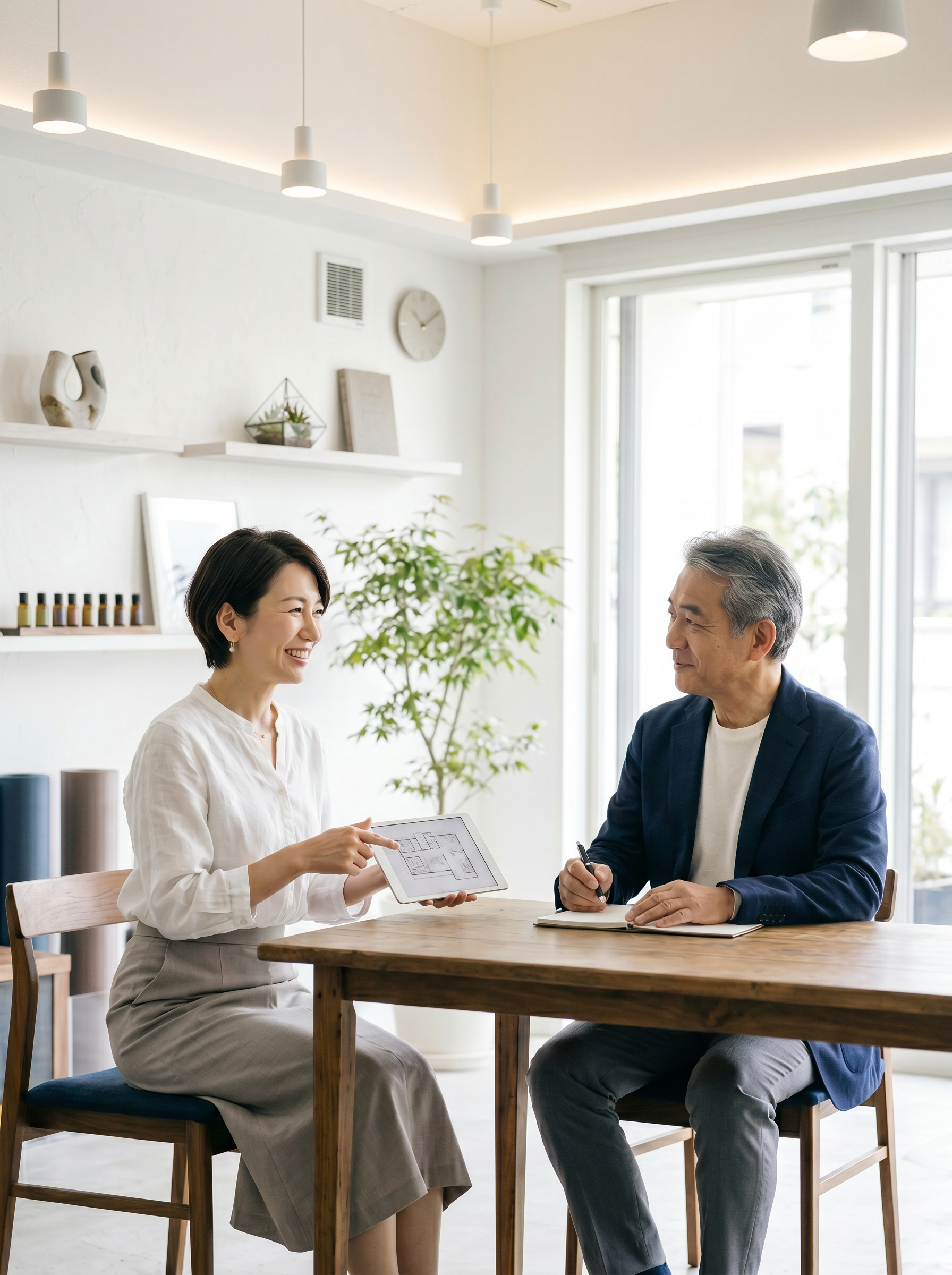 日本人の店舗オーナーと専門家が明るく清潔感のある店舗内で居抜き譲渡の相談をしている様子