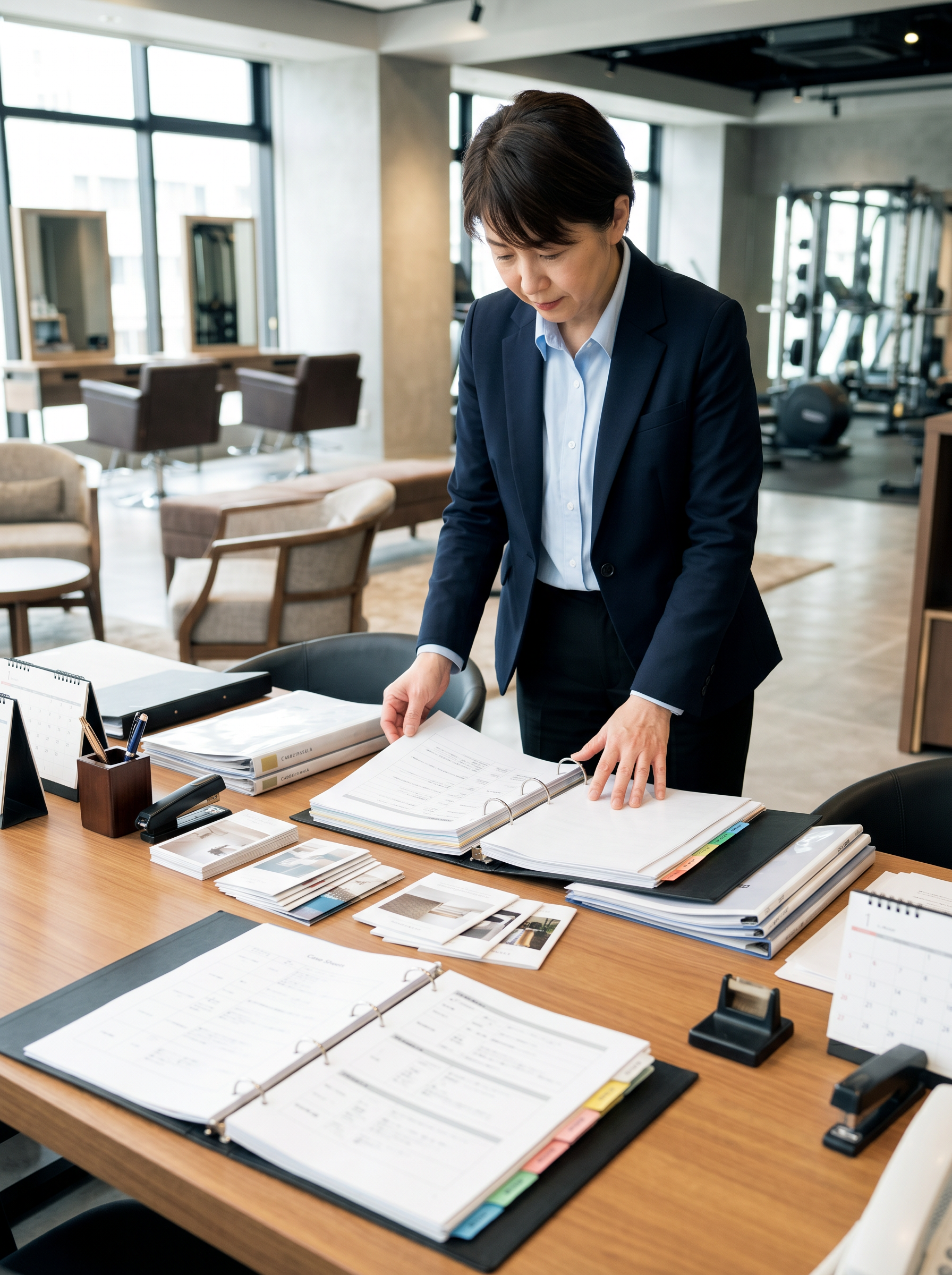 担当者が案件シートや資料を整理しながら実務支援を行っている様子