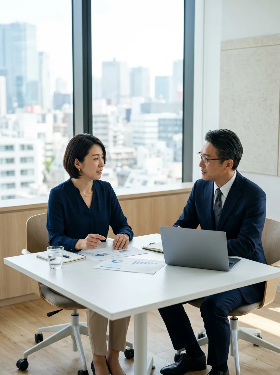 経営者がM&Aアドバイザーと事業譲渡について打ち合わせているイメージ