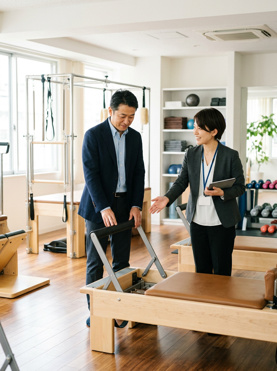 居抜き店舗の設備や内装を見学する買主候補と担当者