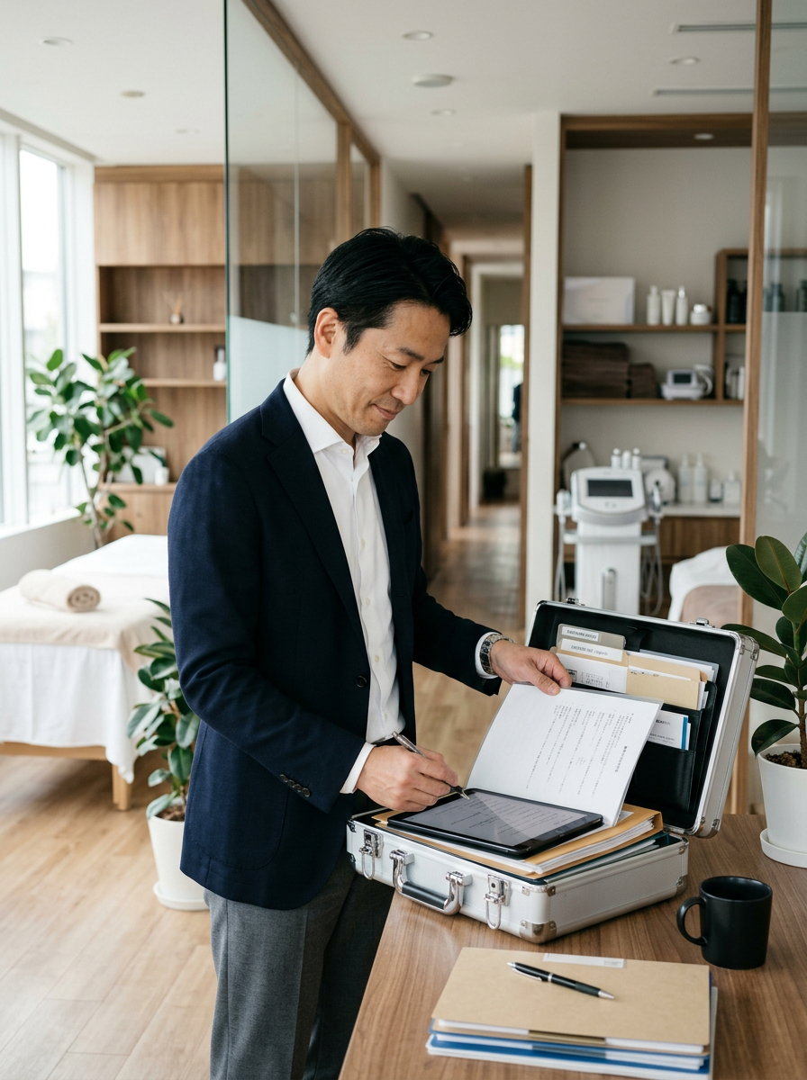 店舗設備と資料を確認しながら居抜き譲渡の情報整理を行う担当者