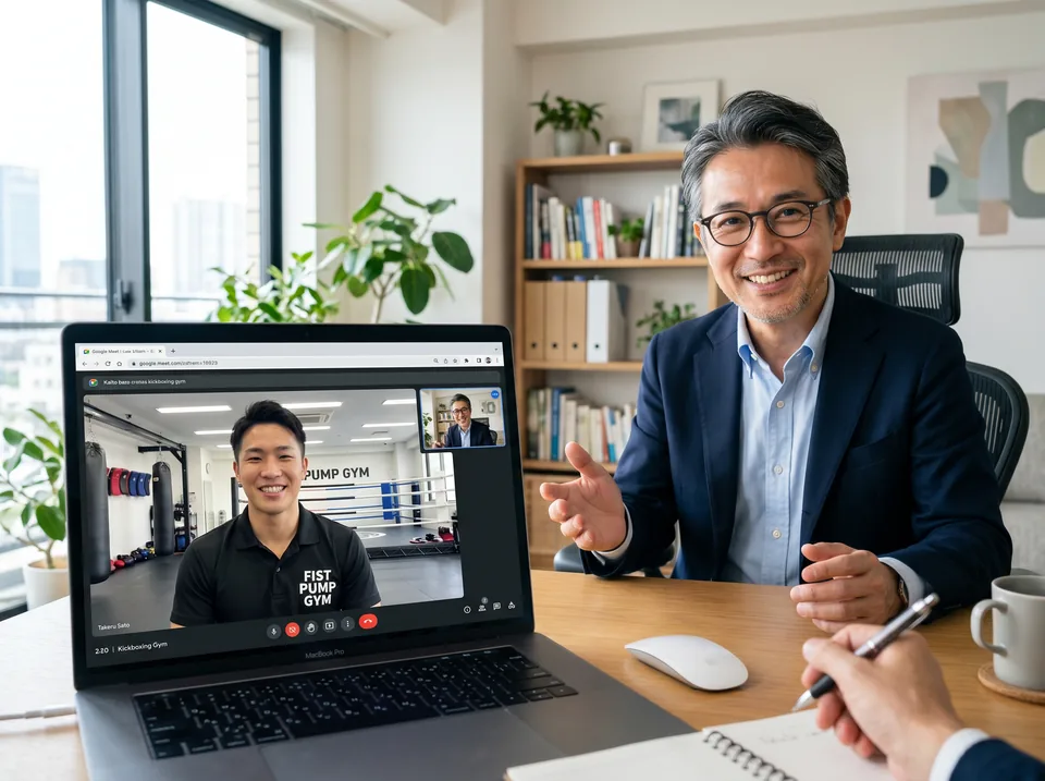 キックボクシングジムのオーナーと若い日本人ビジネスパーソンがオンライン面談をしている様子