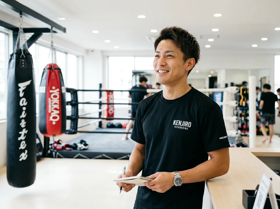 譲渡後のイメージを持って安心した表情の若い日本人ジムオーナー