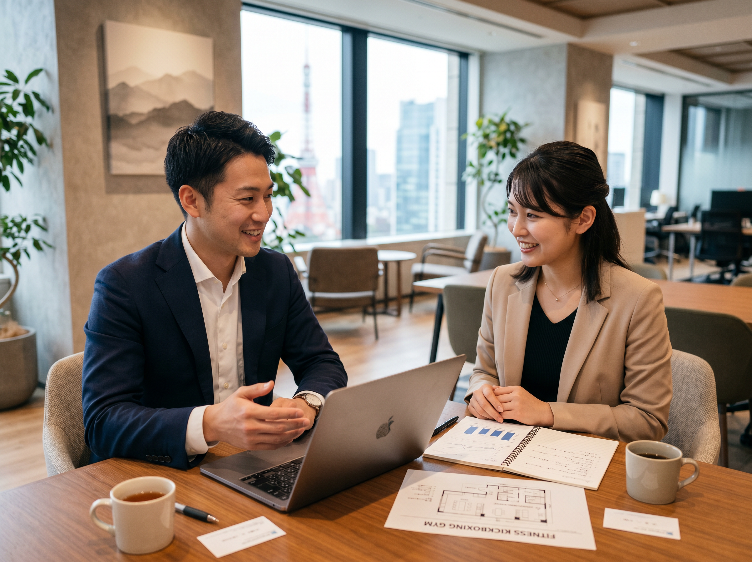 キックボクシングジム売却の相談内容を明確にしながら打ち合わせする若い日本人男女