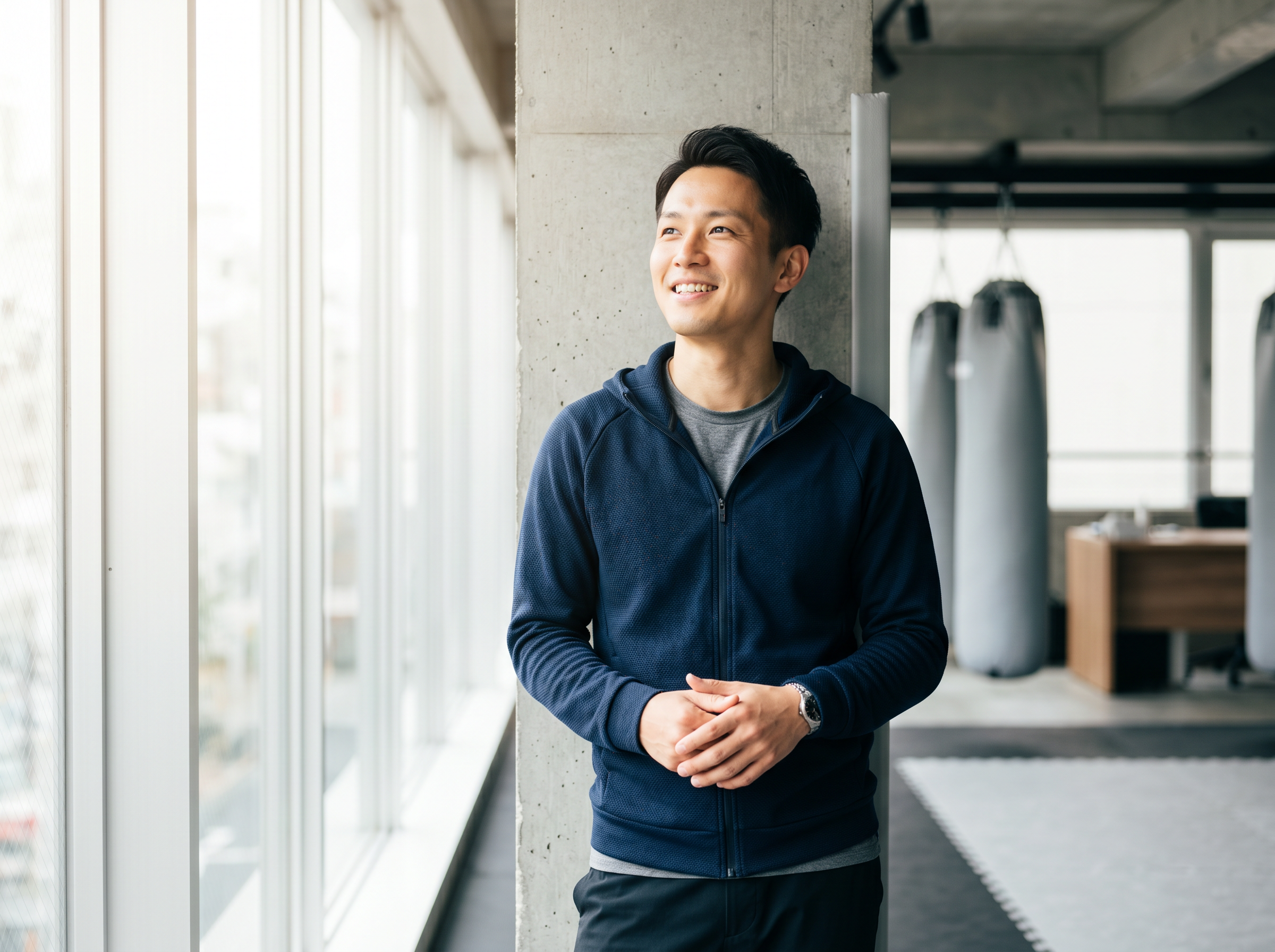 相談後に前向きな表情で次の一歩を考える若い日本人ジムオーナー