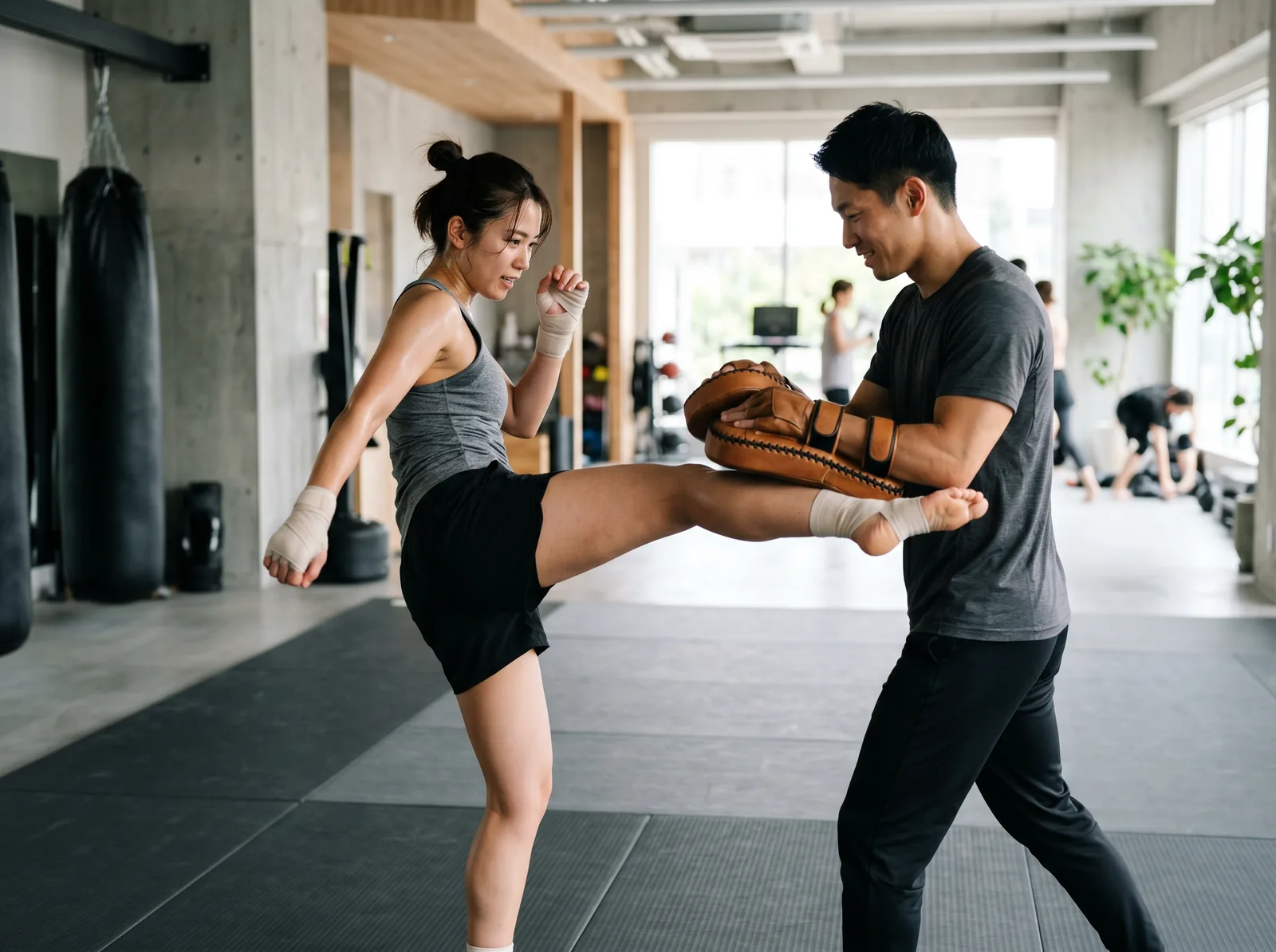 若い日本人トレーナーと会員がミット打ちのパーソナル指導をしている様子