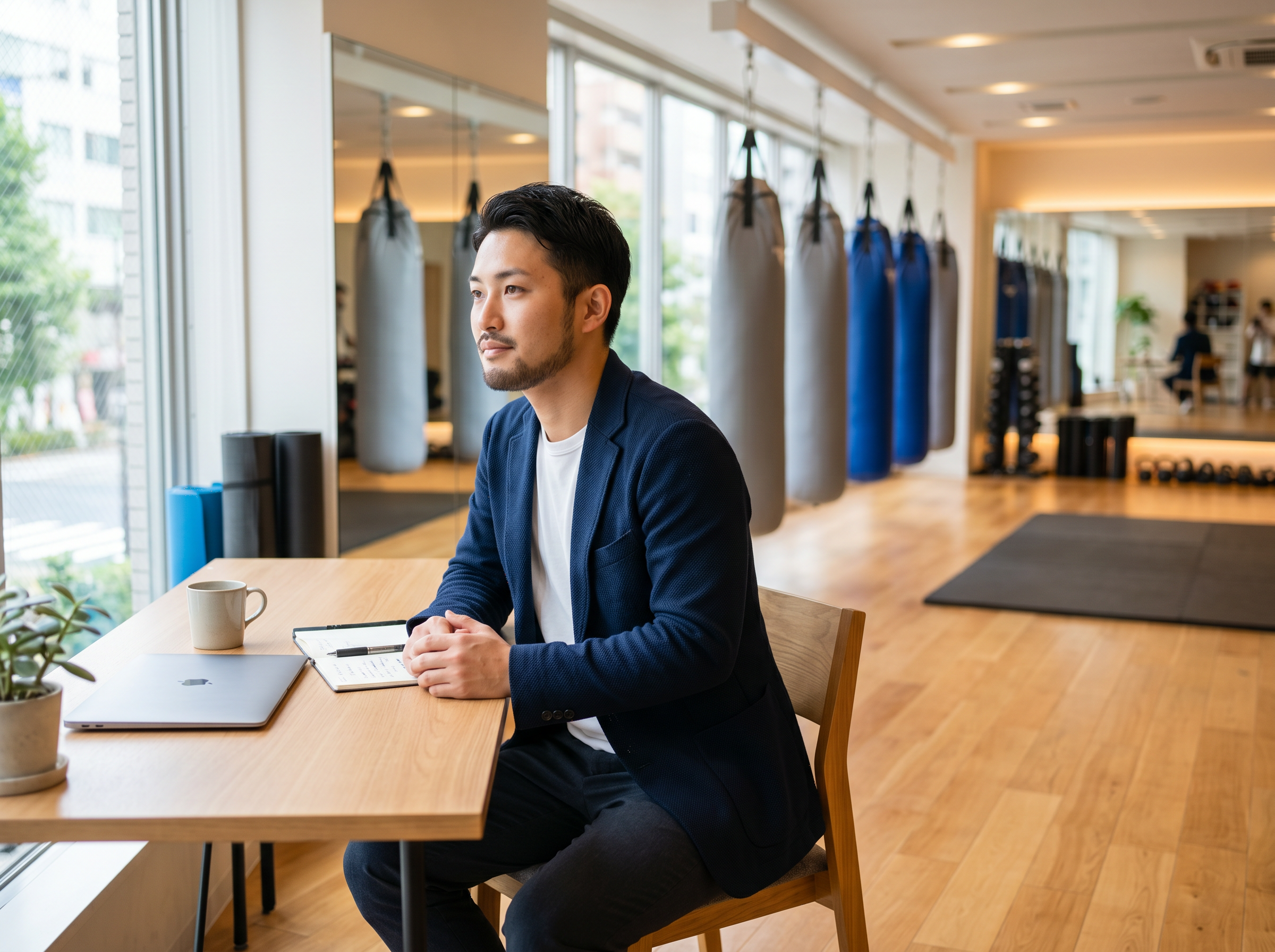 明るいキックボクシングジムで今後の事業方針を前向きに考える若い日本人オーナー