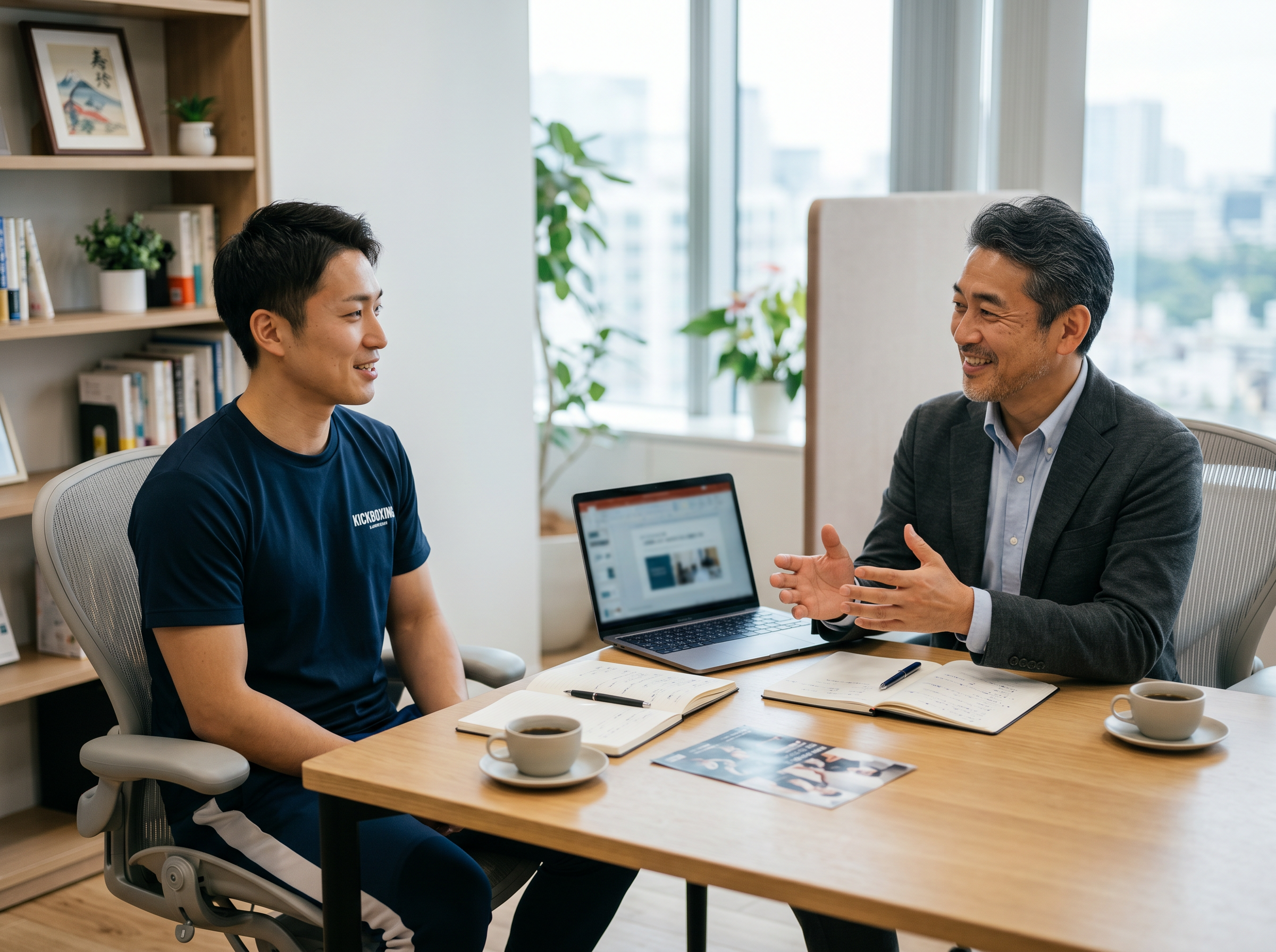 小規模ジムオーナーが信頼できるアドバイザーと落ち着いて相談している様子