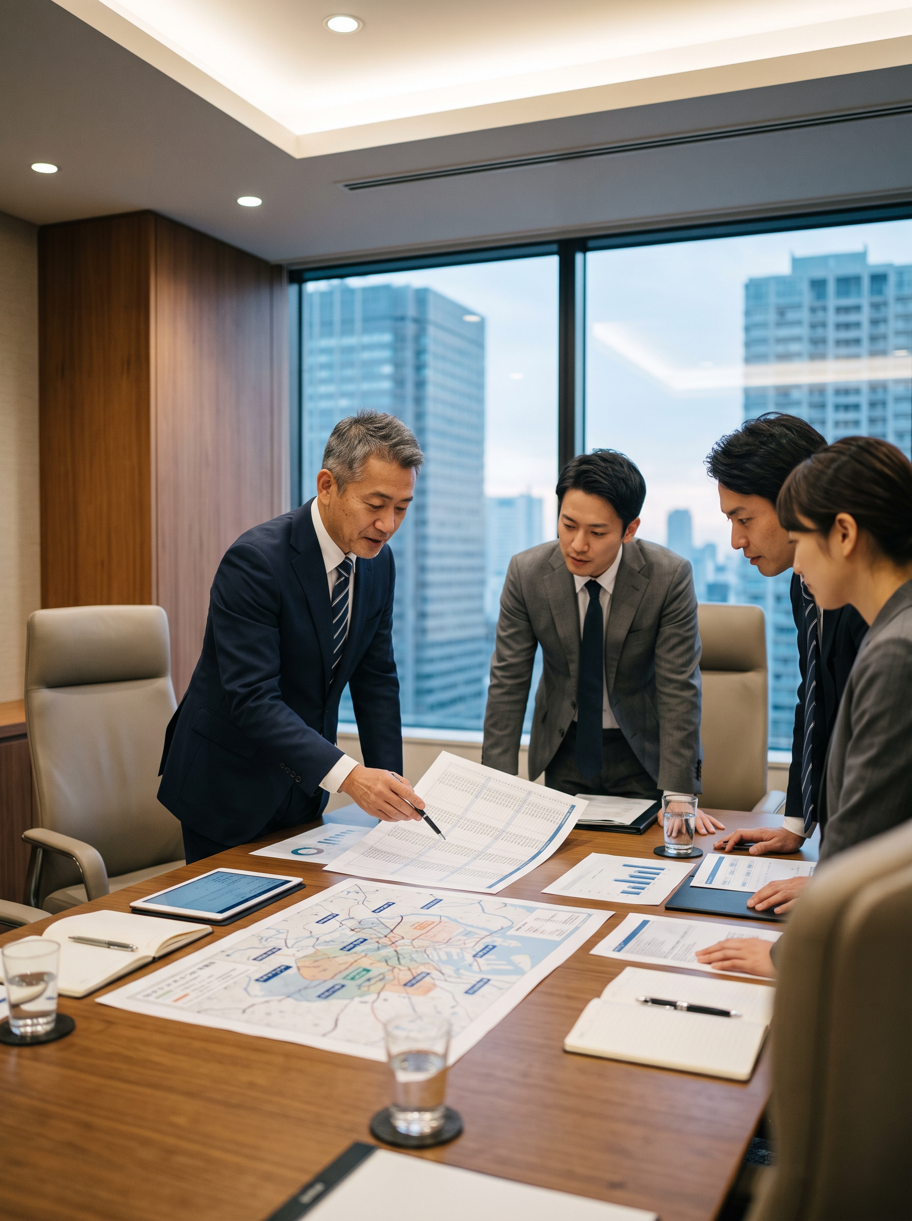 買い手候補企業の担当者が修繕計画や施工エリア資料を確認する様子