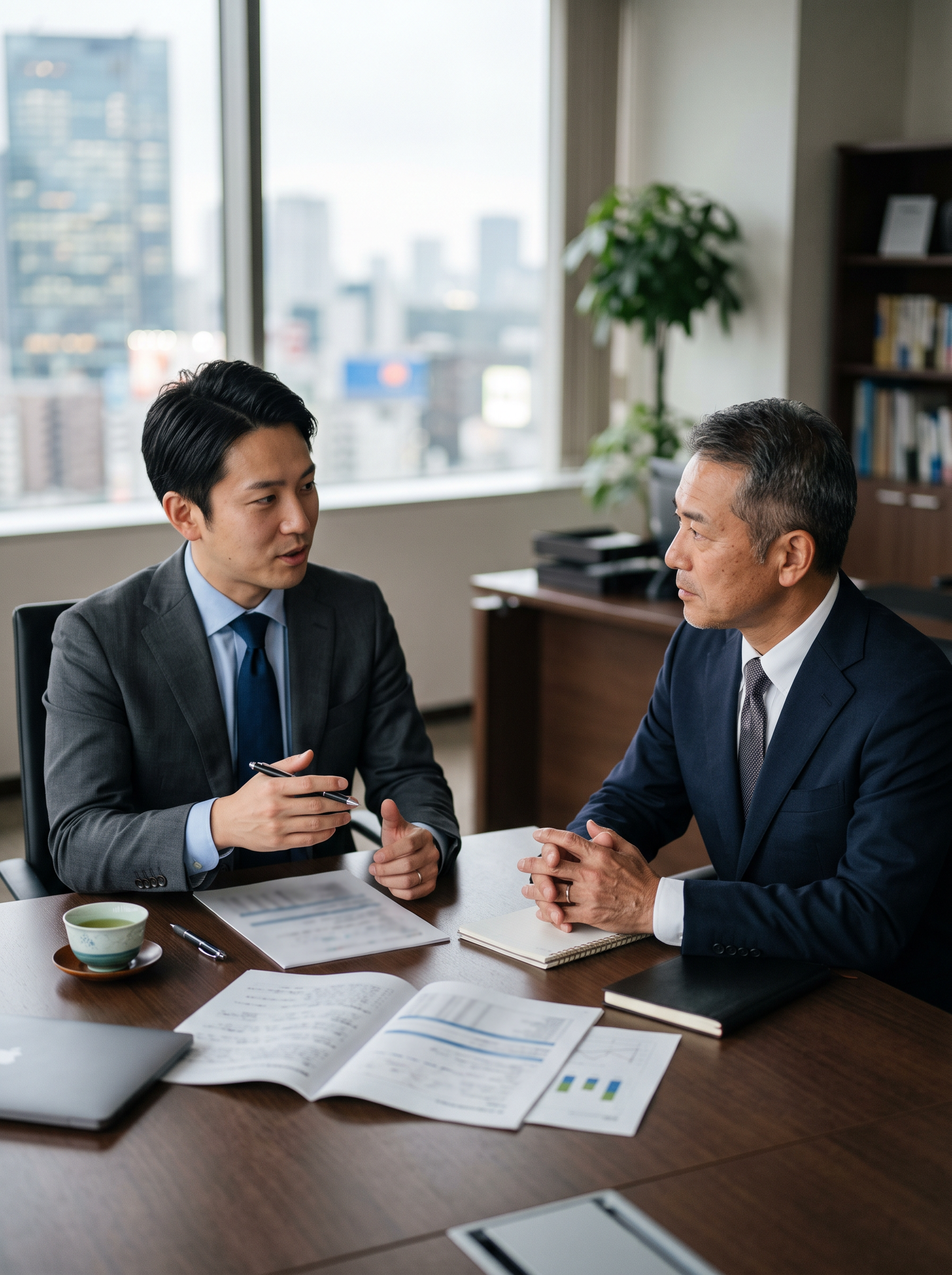 大規模修繕工事会社の事業承継について相談する経営者とM&Aアドバイザー