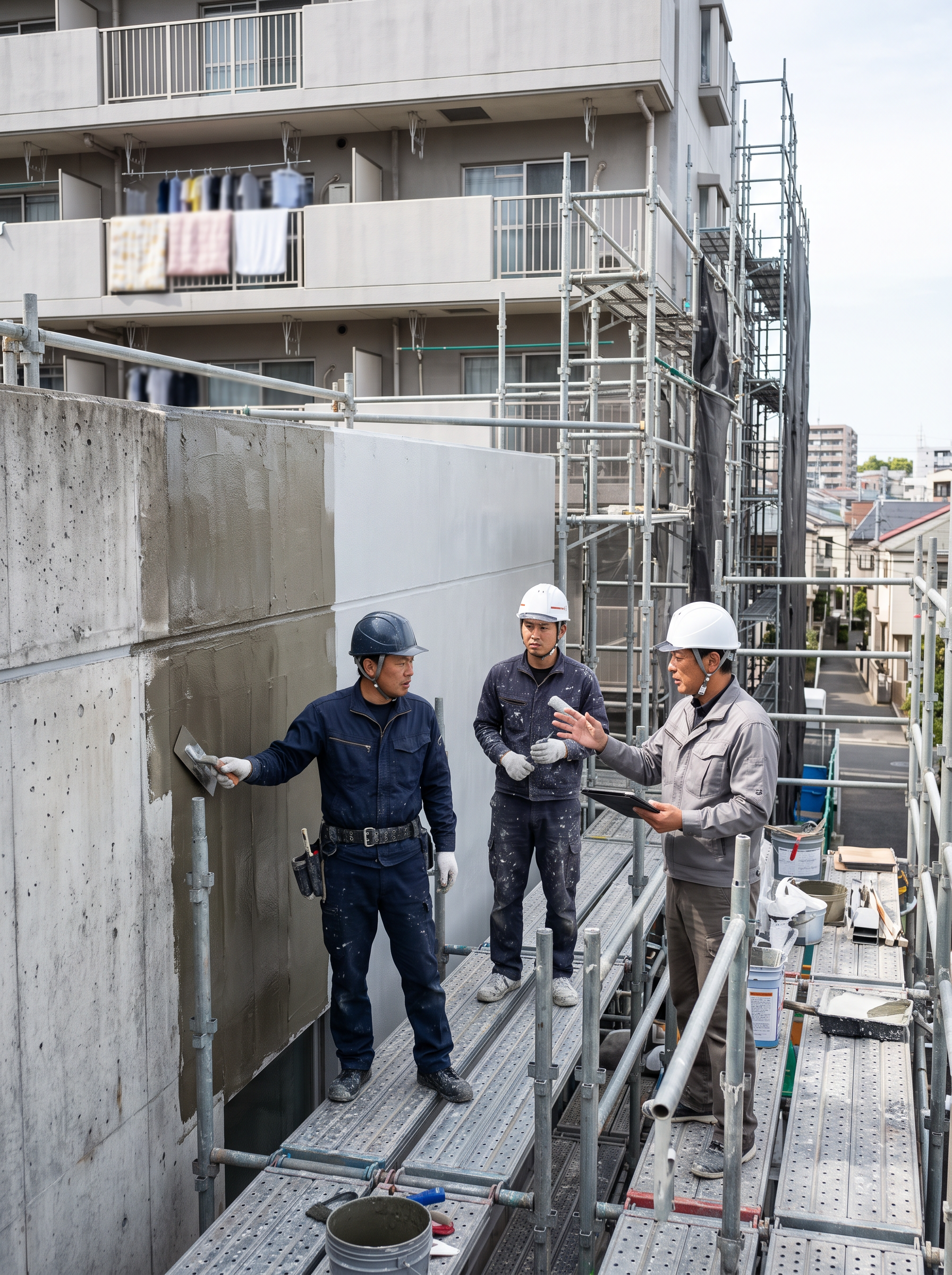 大規模修繕現場で施工管理担当者と専門工事担当者が進捗確認する様子