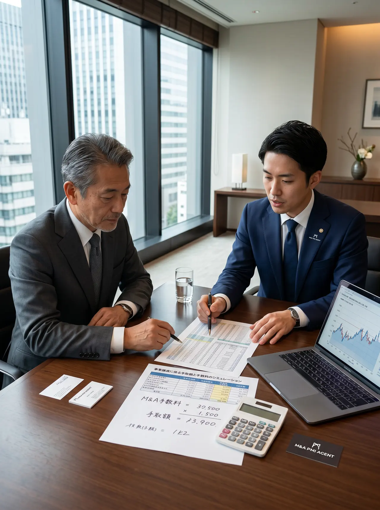 資料と電卓で手数料を確認しながら相談する経営者とアドバイザー