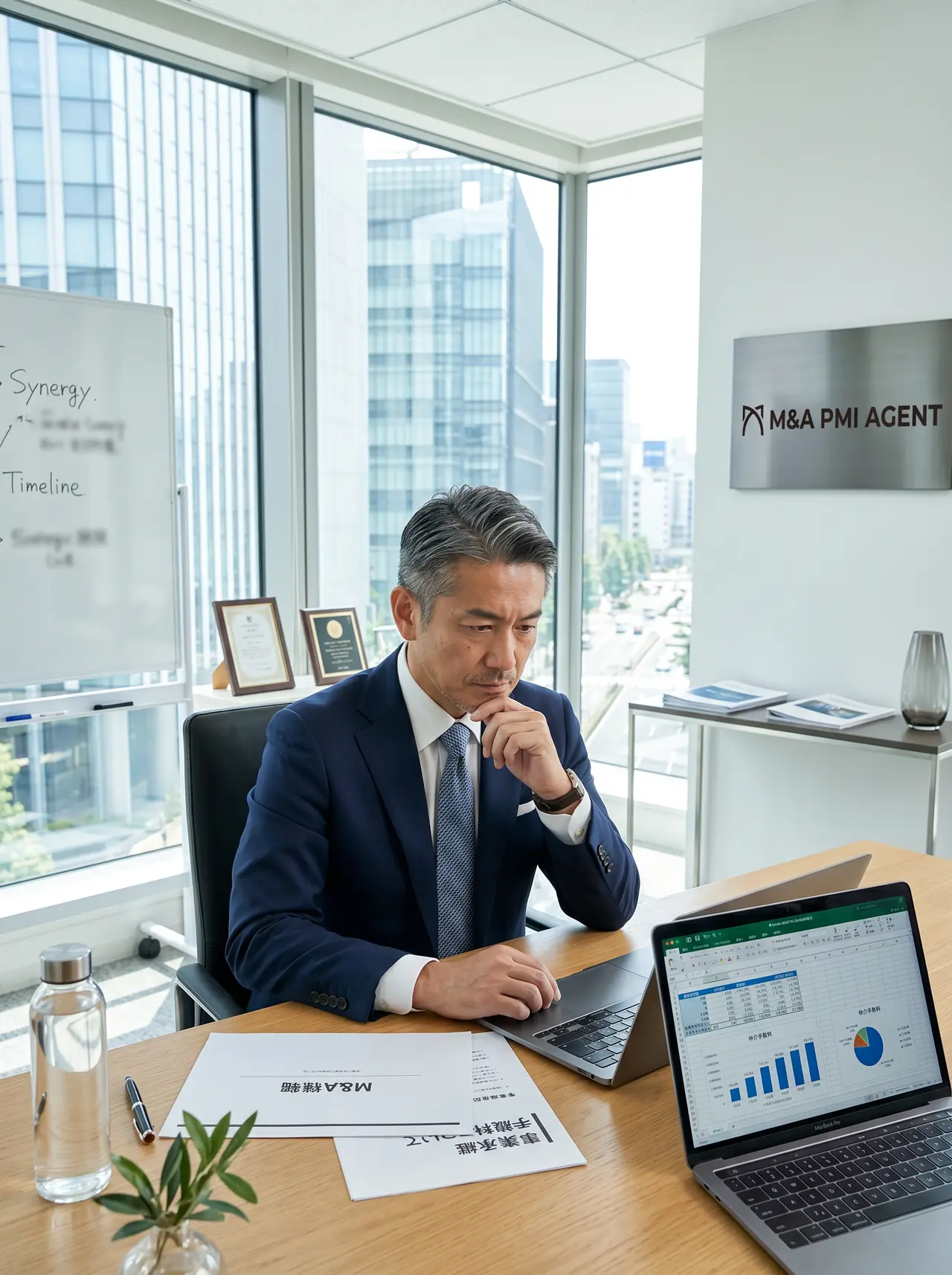 書類とノートPCを見ながら会社売却について考える経営者