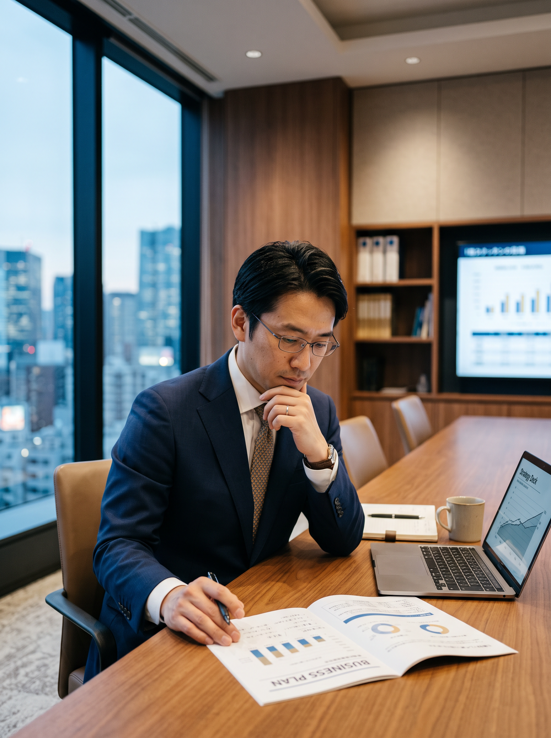 会議室で新規事業計画を検討する担当者