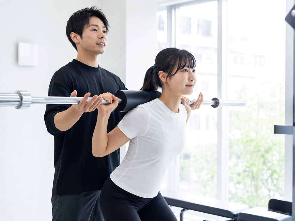 パーソナルジムでトレーナーが利用者にフォーム指導をしている様子