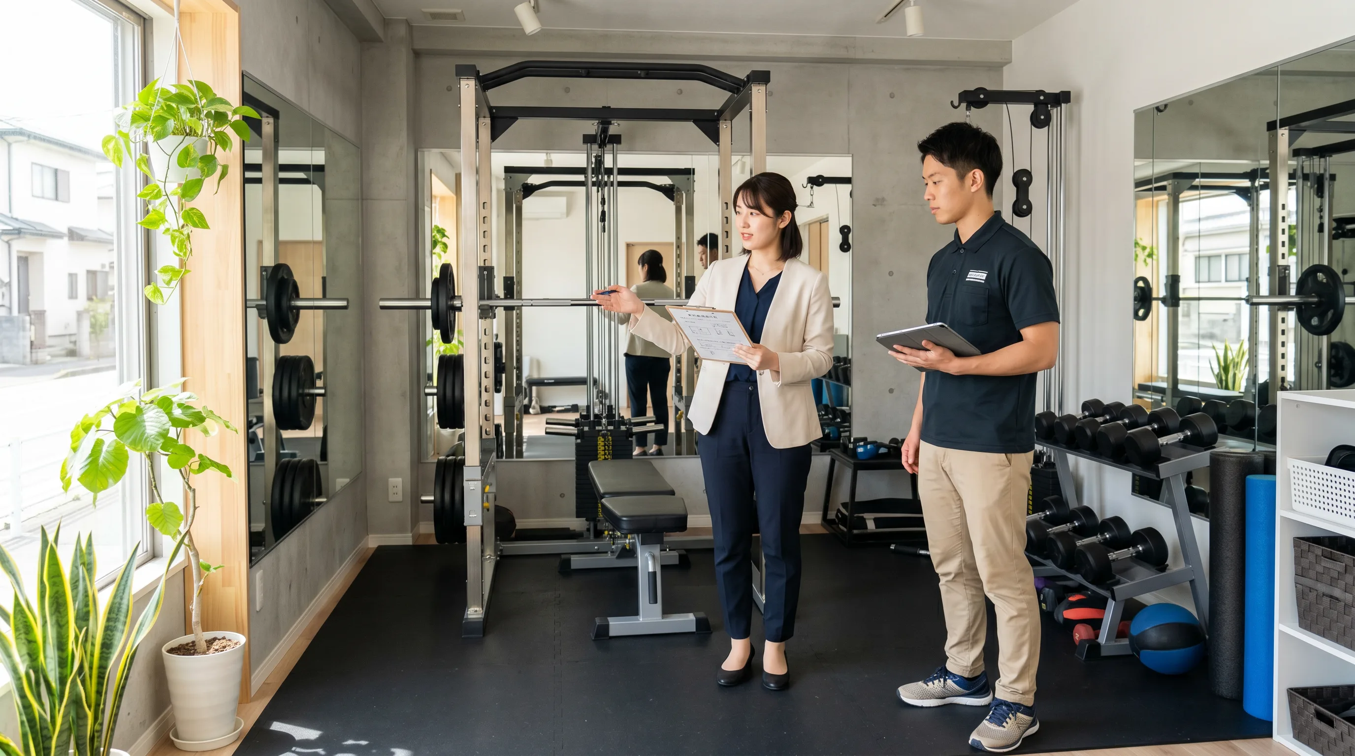 パーソナルジムの居抜き売却を相談する若い日本人オーナーとトレーナー