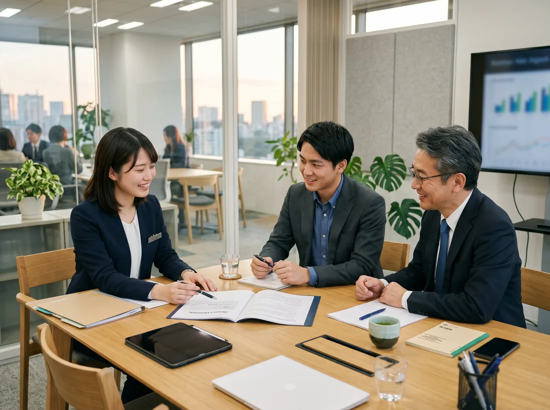 若い日本人の売り手と買い手、担当者が穏やかに商談している様子