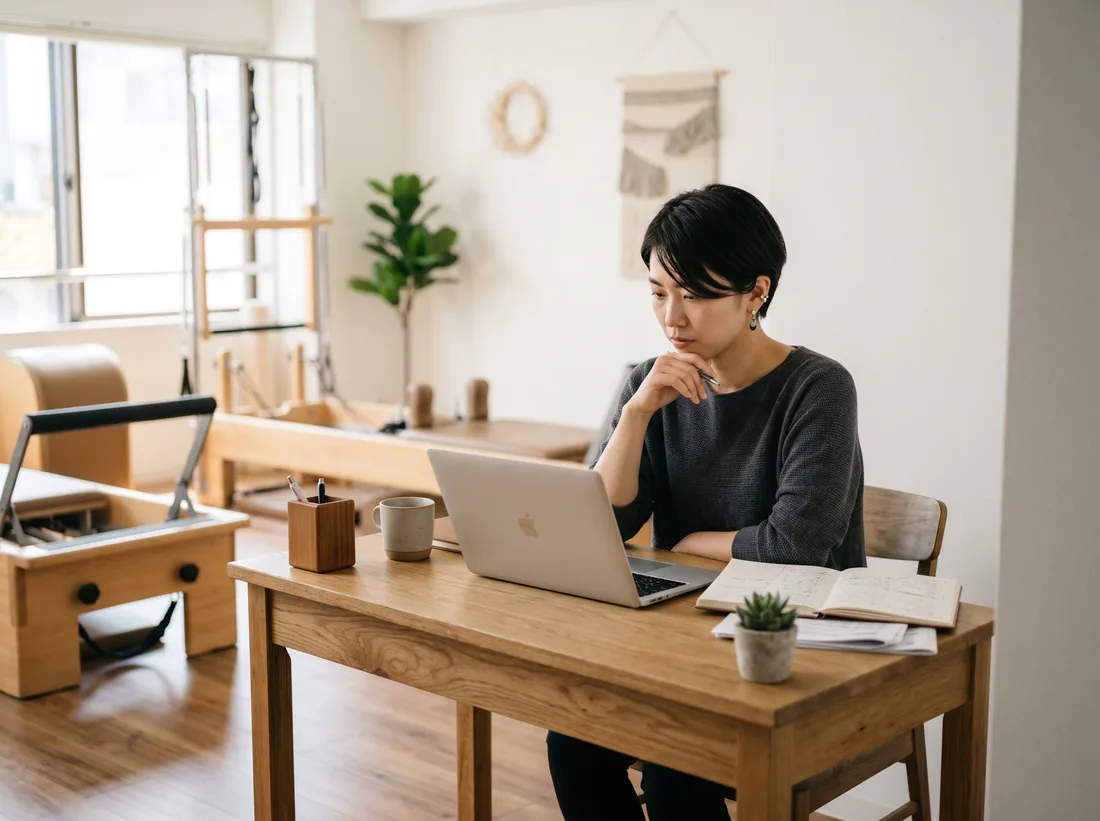 スタジオ内のデスクで資料とノートPCを見ながら悩む若い日本人オーナー