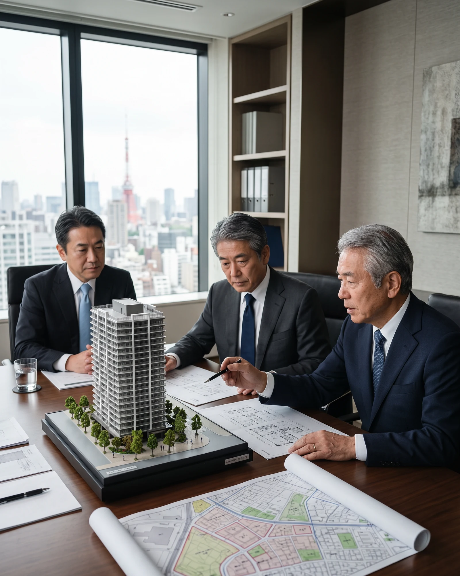 マンション開発の模型や図面を確認する不動産会社の担当者