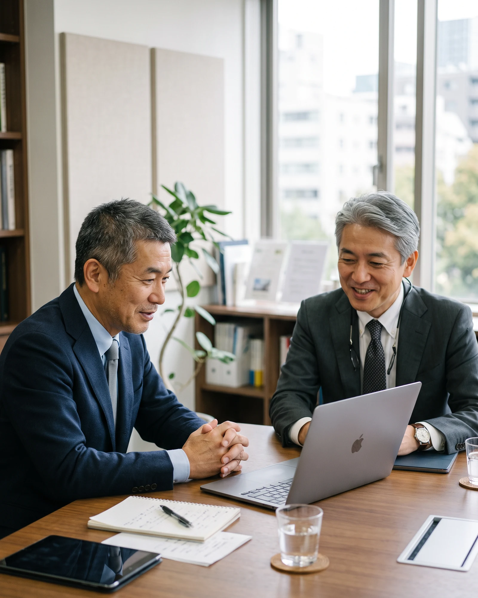 落ち着いたオフィスでオンライン相談を行う経営者とM&Aアドバイザー