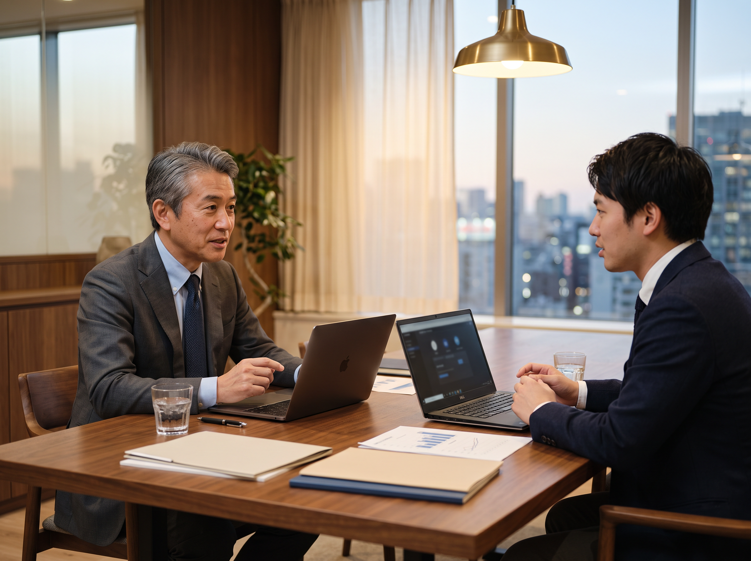 落ち着いたオフィスでオンライン相談を行う経営者とM&Aアドバイザー