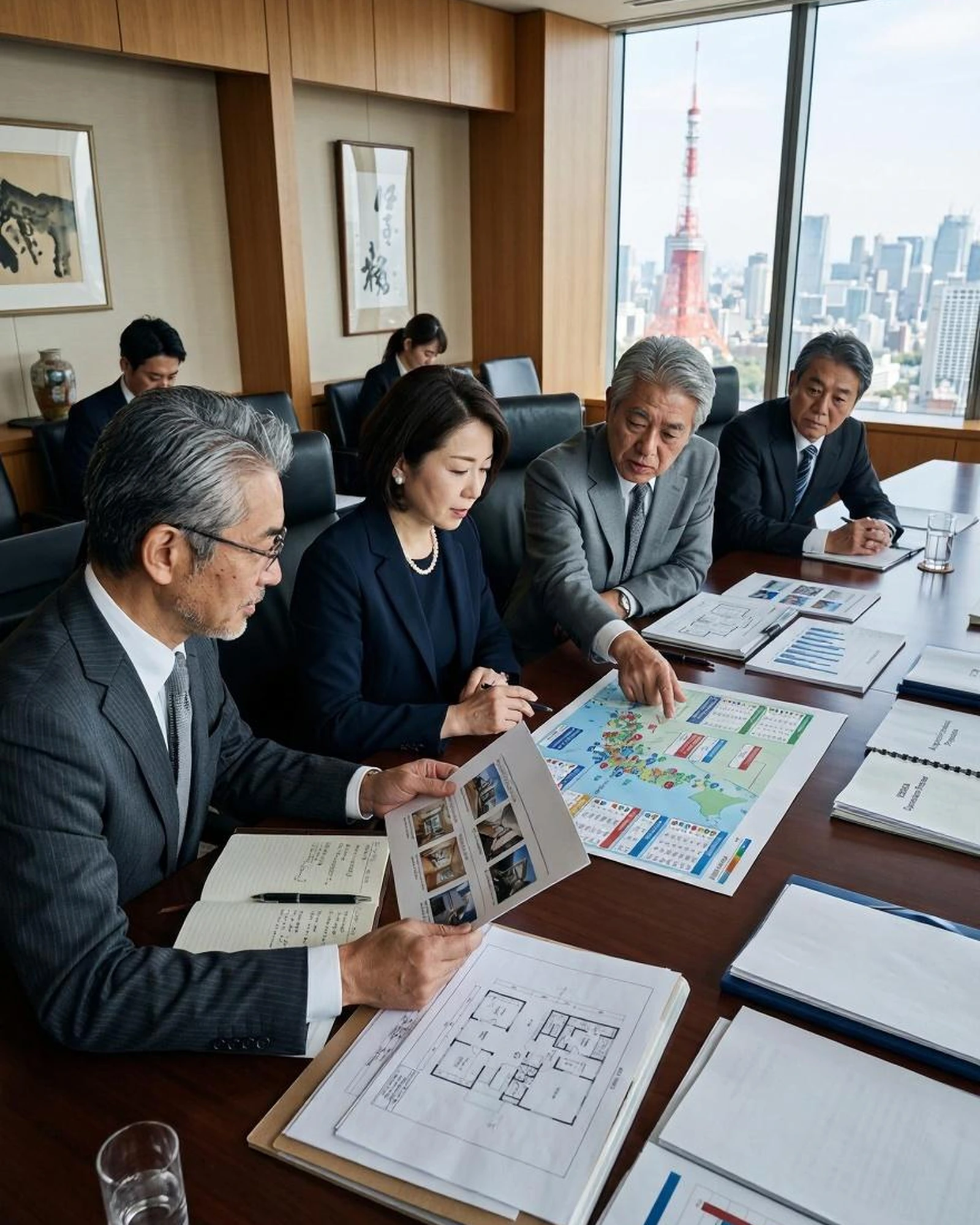 日本の不動産会社の経営層がリフォーム計画と施工エリアを確認している様子