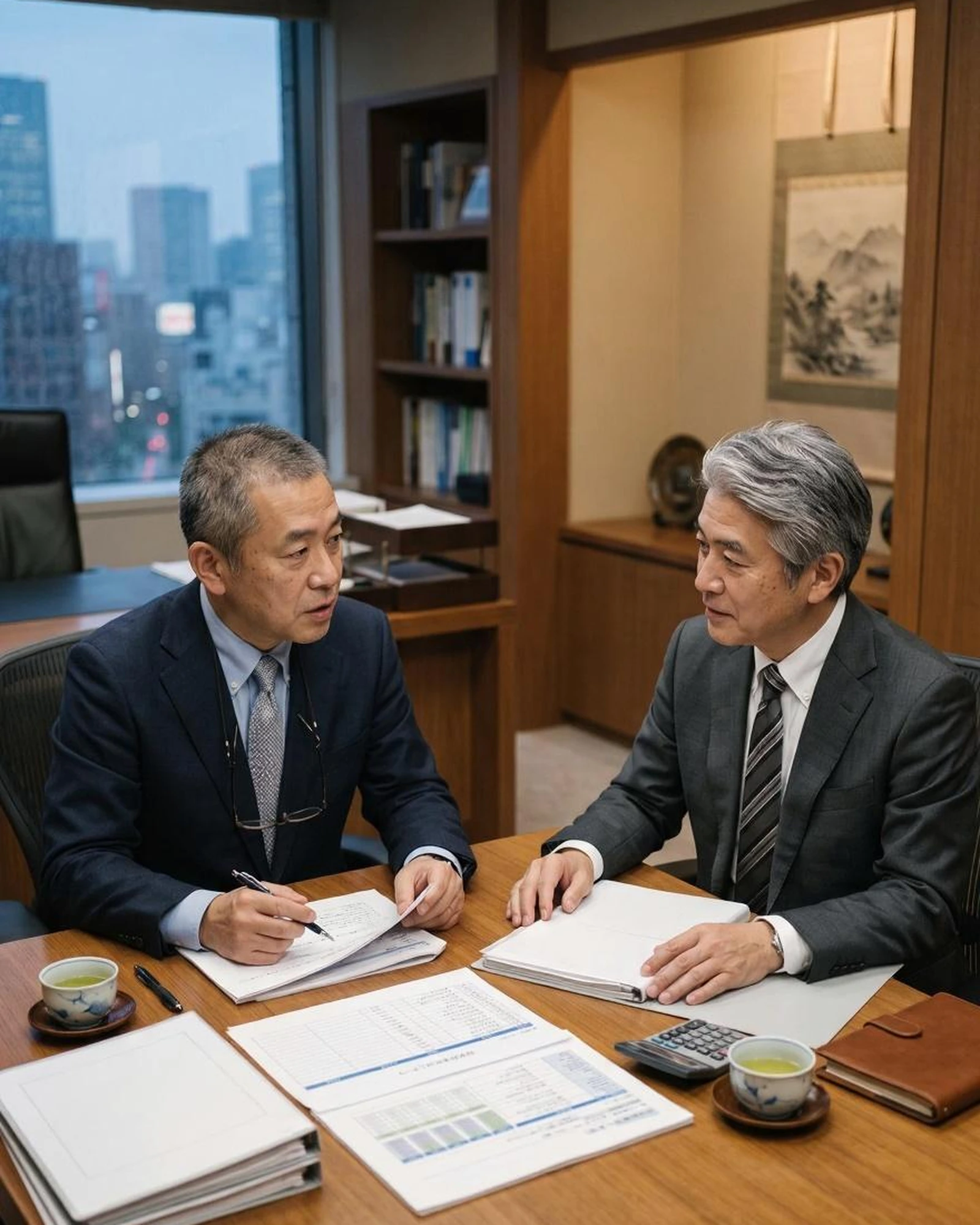 日本人経営者とM&Aアドバイザーが落ち着いたオフィスで相談している様子