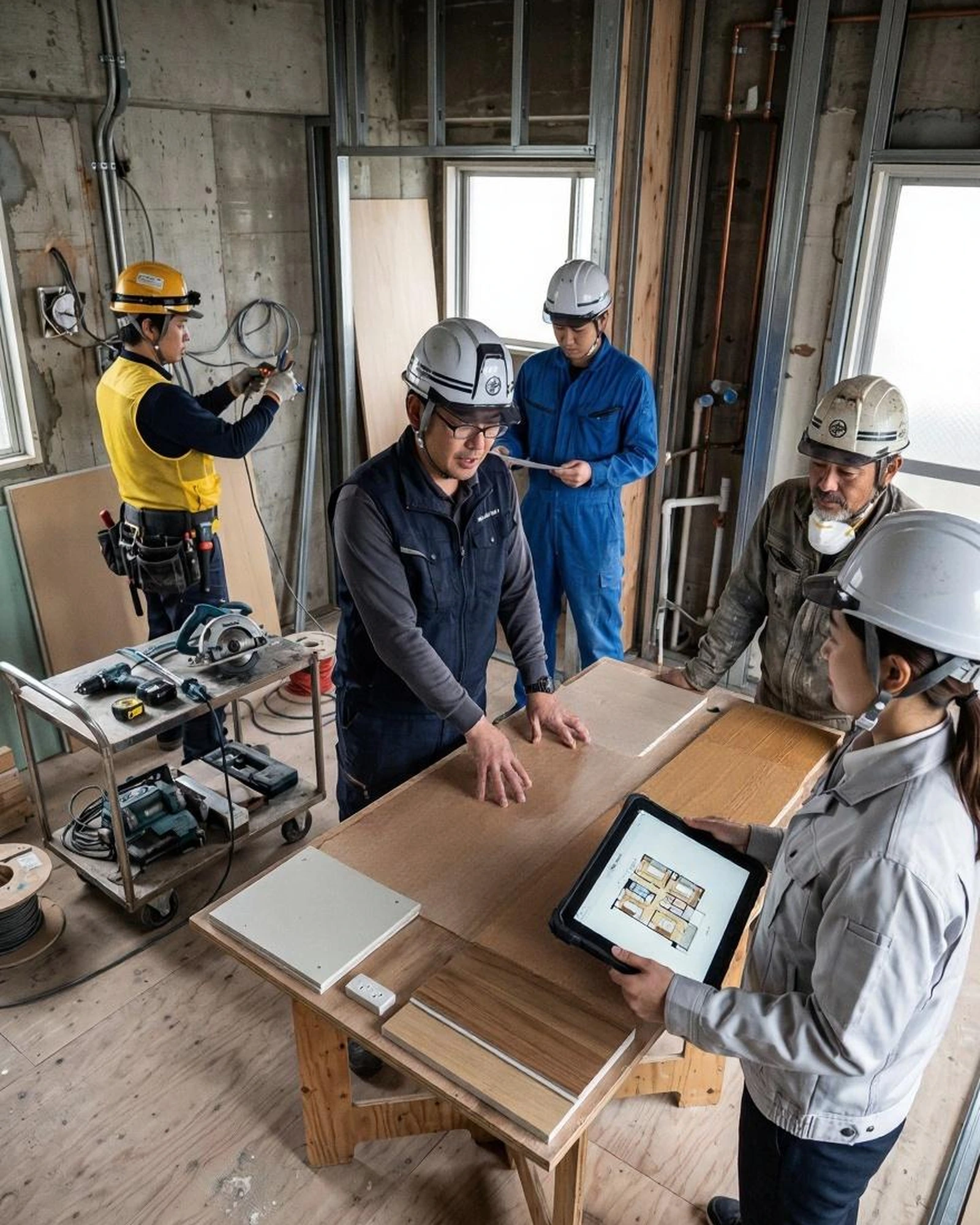 日本の住宅改修現場で施工管理担当者と設計担当者、職人が図面を確認している様子