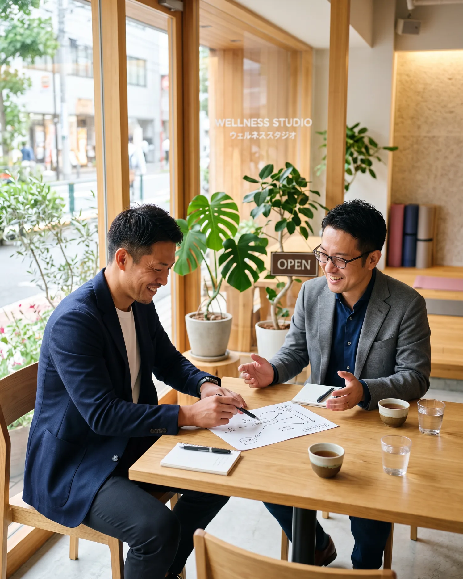 スポーツ事業の未来について資料を見ながら共に考える経営者とアドバイザー