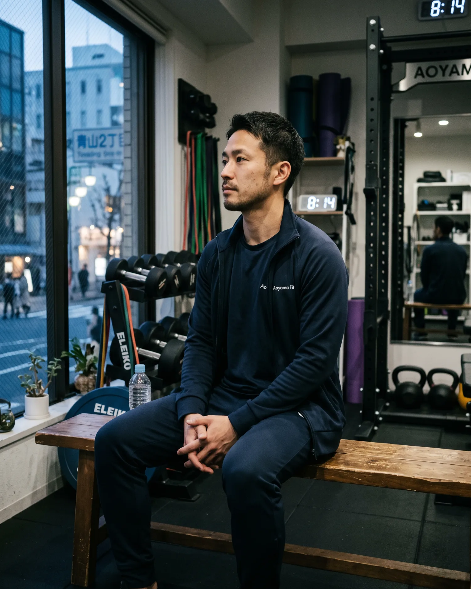 仕事を終えたジムで将来について考えるトレーナー
