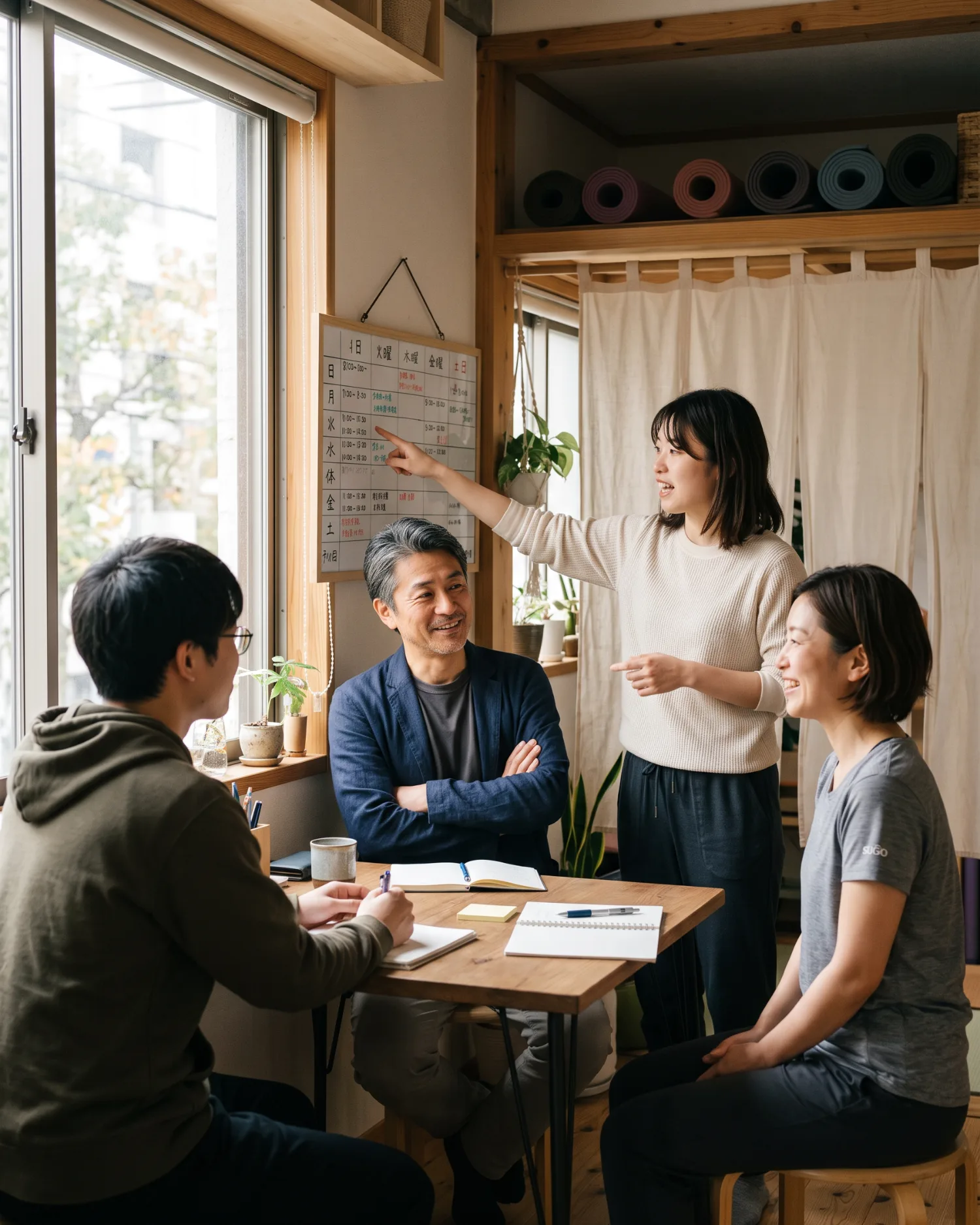 店舗運営について話し合うオーナーと複数のスタッフ