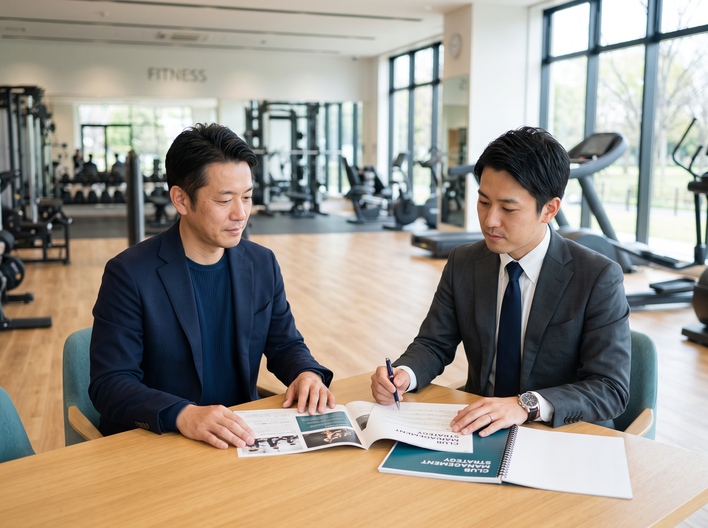 スポーツクラブ経営者とM&Aアドバイザーが施設資料を確認する様子
