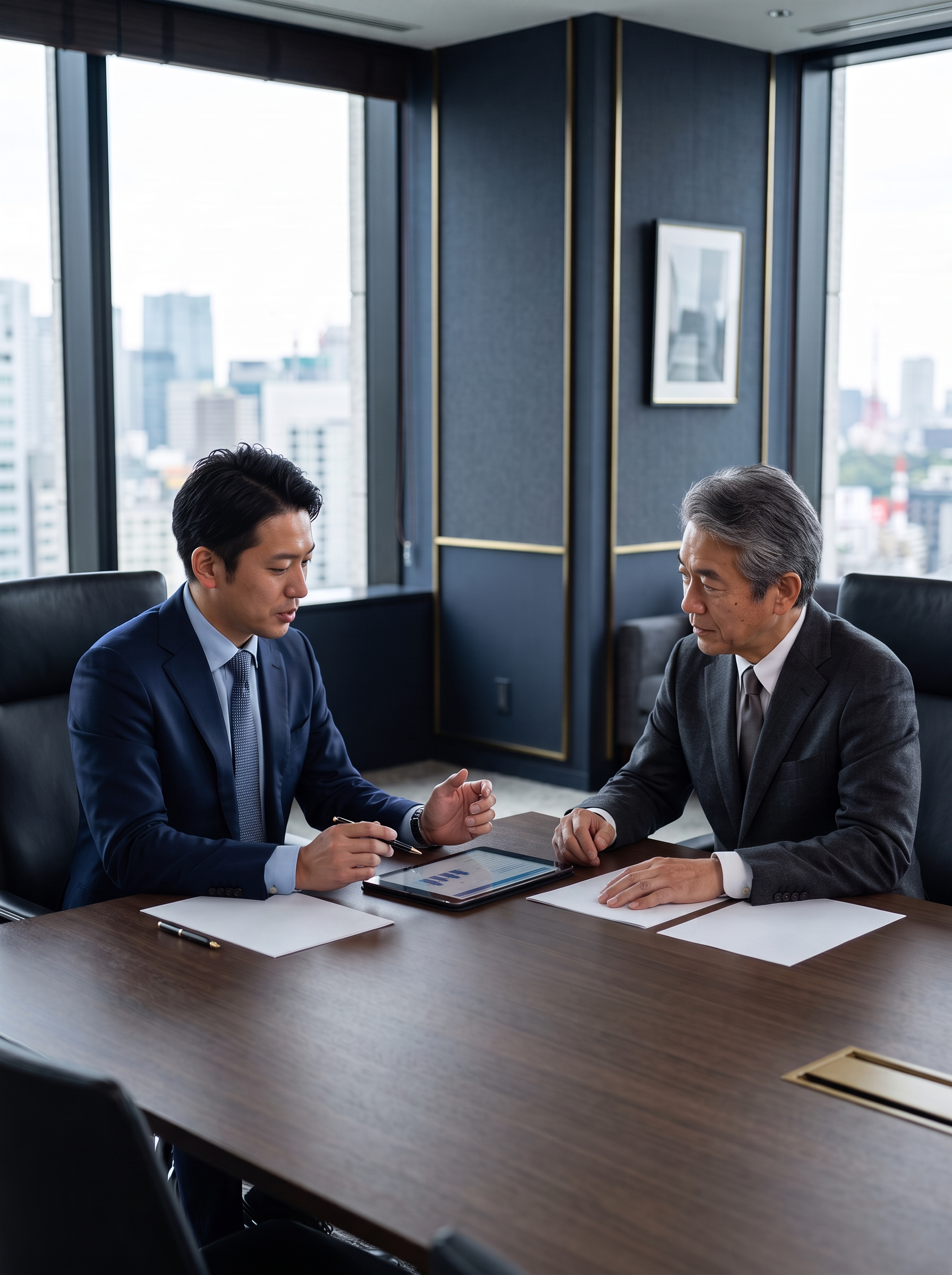 東京進出の買収について相談する企業経営者とM&Aアドバイザー