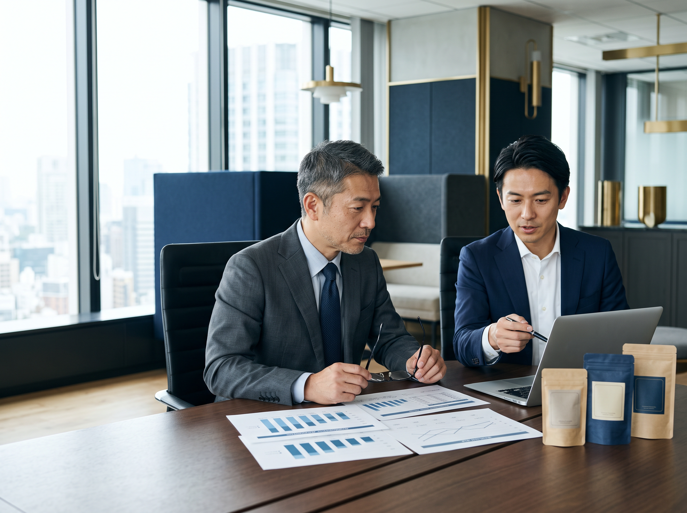 通販事業の顧客データや商品構成を確認する日本人経営者とM&Aアドバイザー