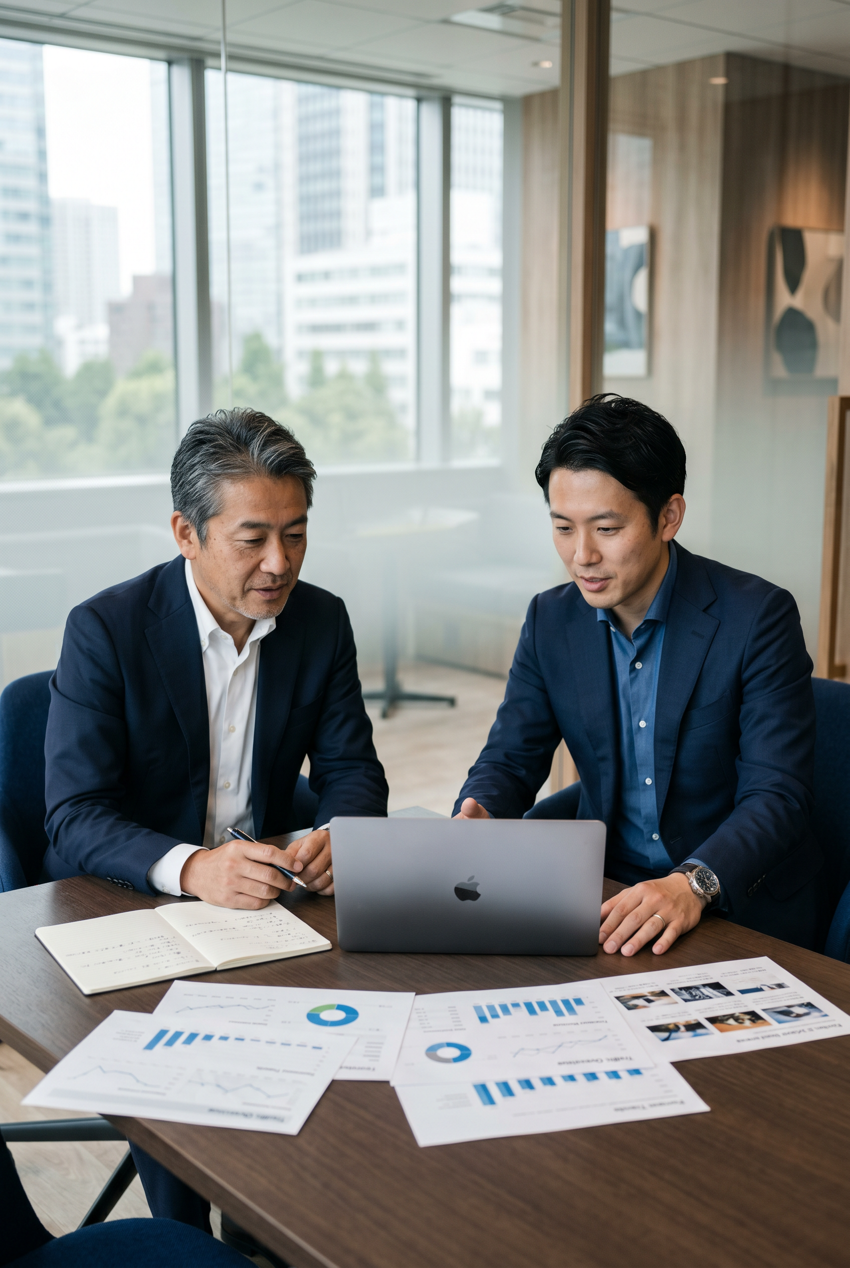 日本人の経営者がアクセス解析や売上グラフを見ながらWEBメディア事業のM&A相談をしている様子