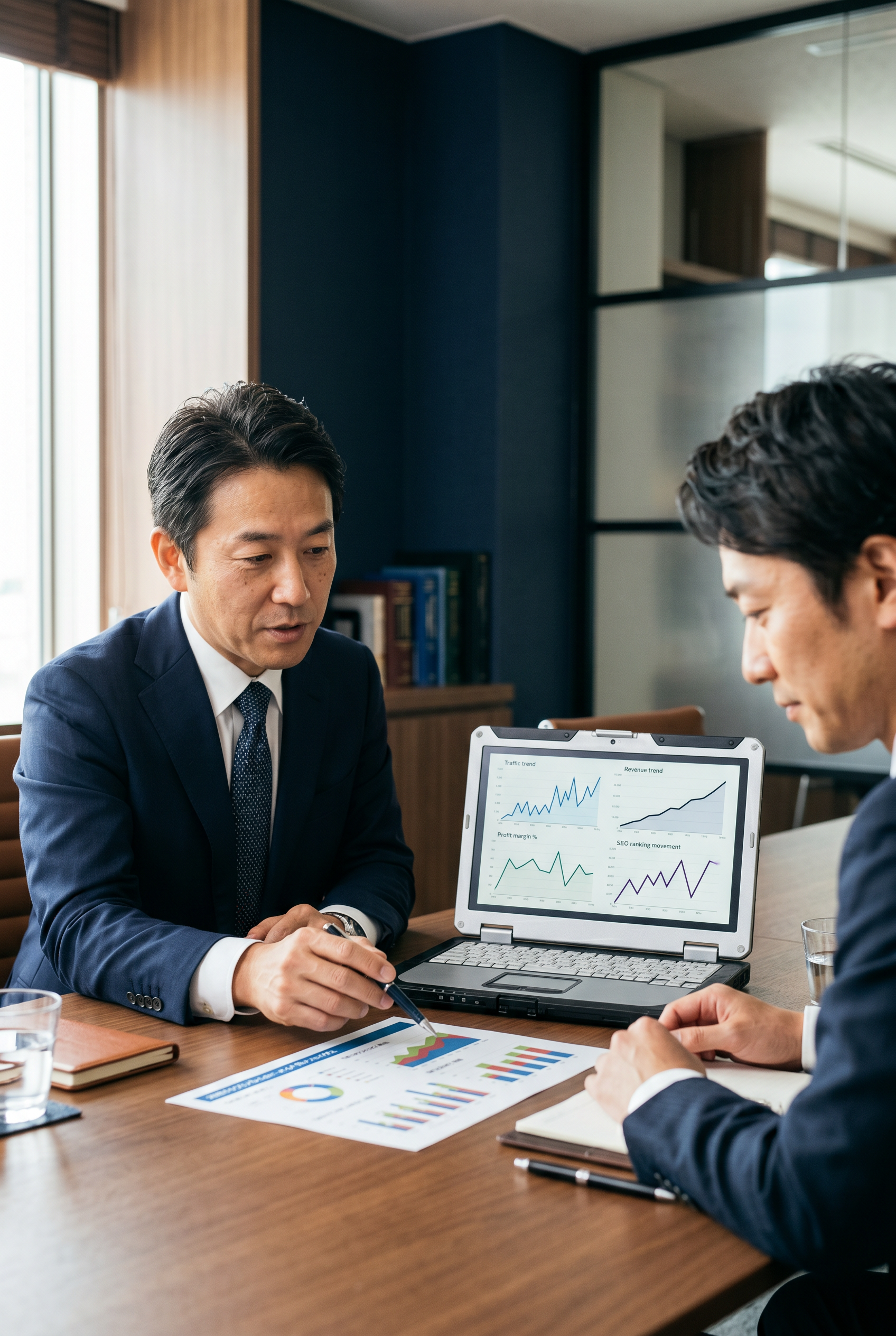 WEBメディア事業の売却価格やアクセス推移を説明するM&Aコンサルタント